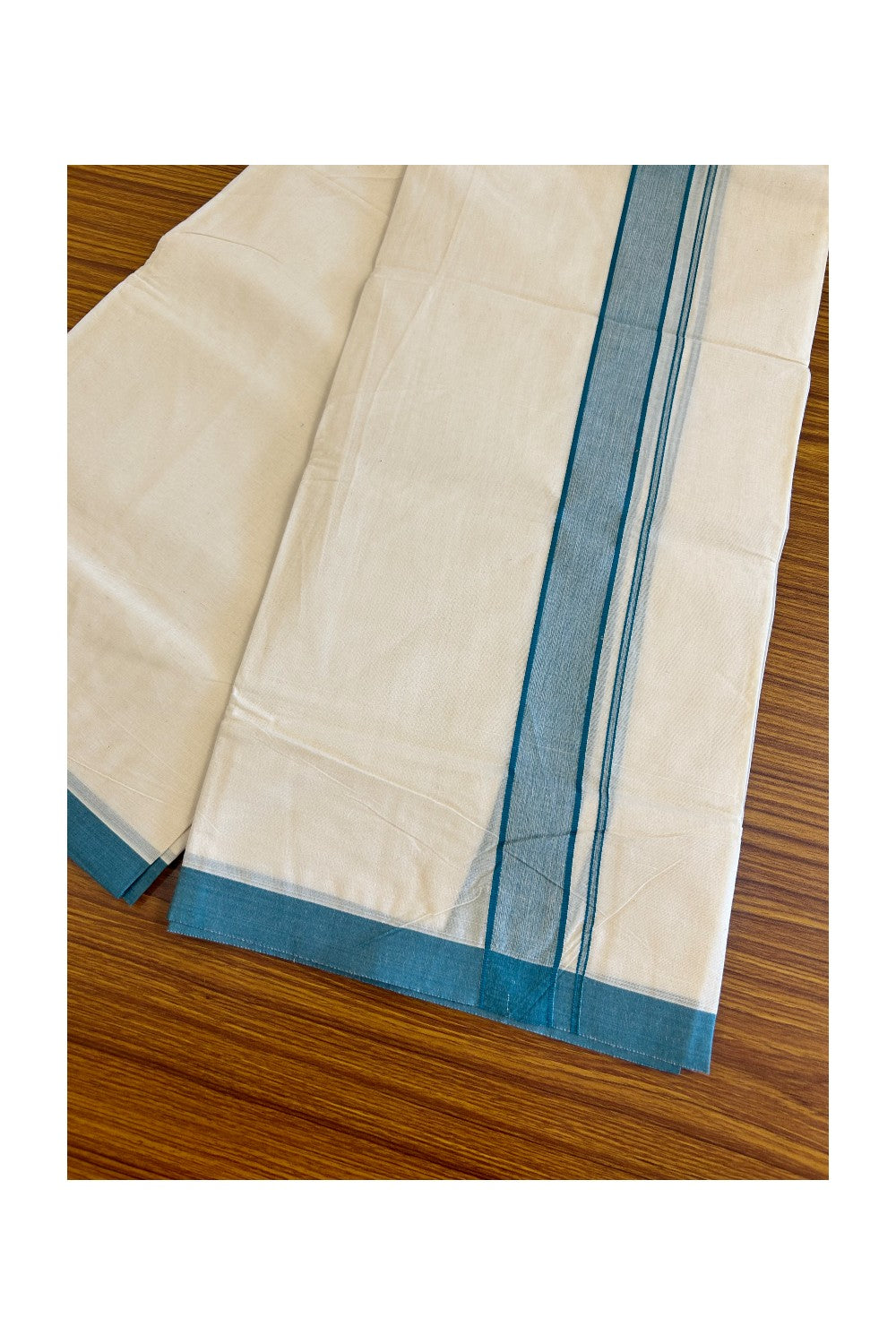 10% Discount KaithariKada Balaramapuram 100% Cotton Double Off white Mundu/Dhoti-100x100 2  inch Blue Green shaded Kara - 8KK500KK