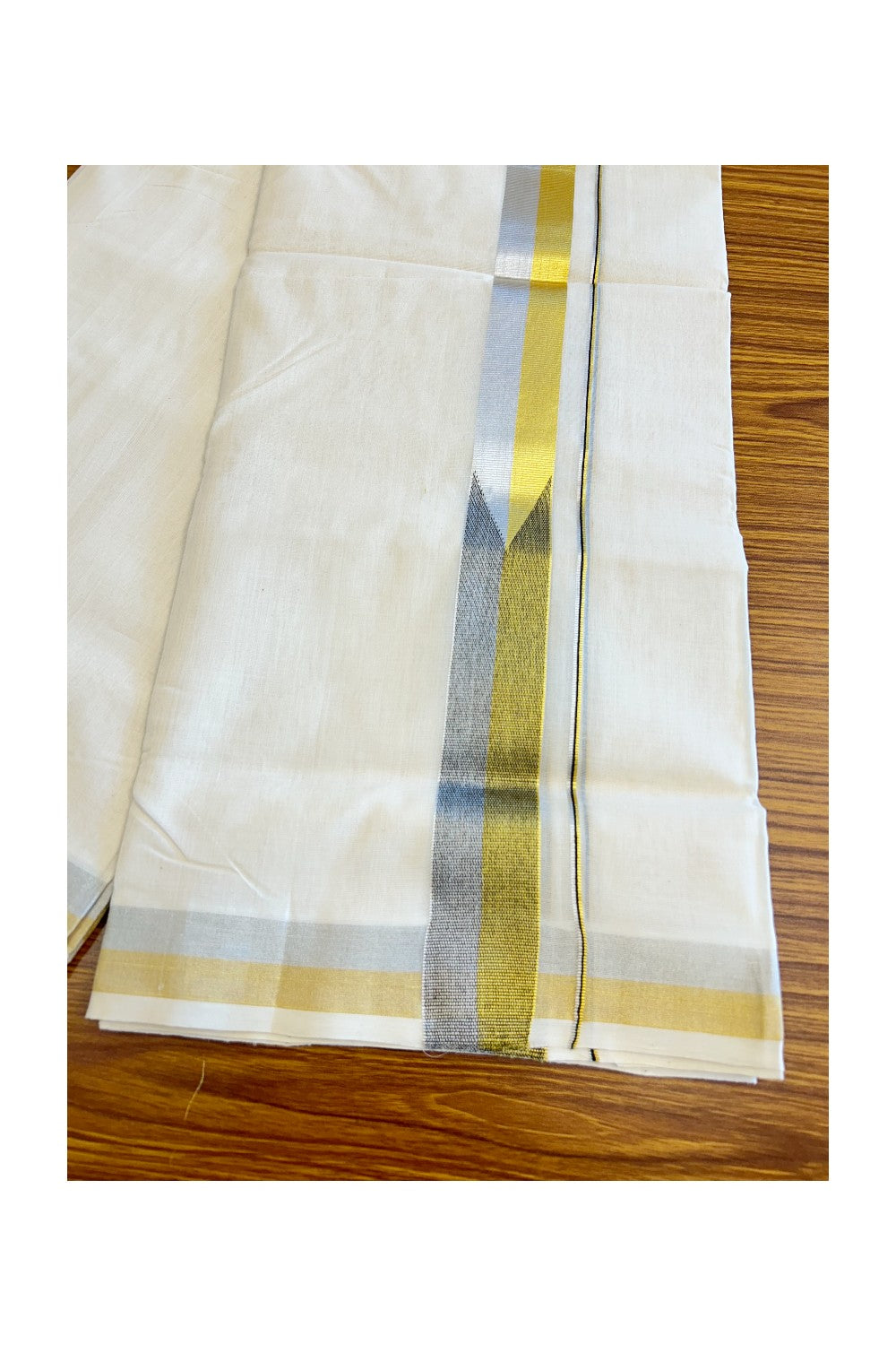 18 % DISCOUNT ! KaithariKada HANDLOOM Unakkupaav Balaramapuram - 100% PURE Cotton Off White Double Mundu/Dhoti - Silver & Gold Kasavu Black Chutty - 8KK5020RAM