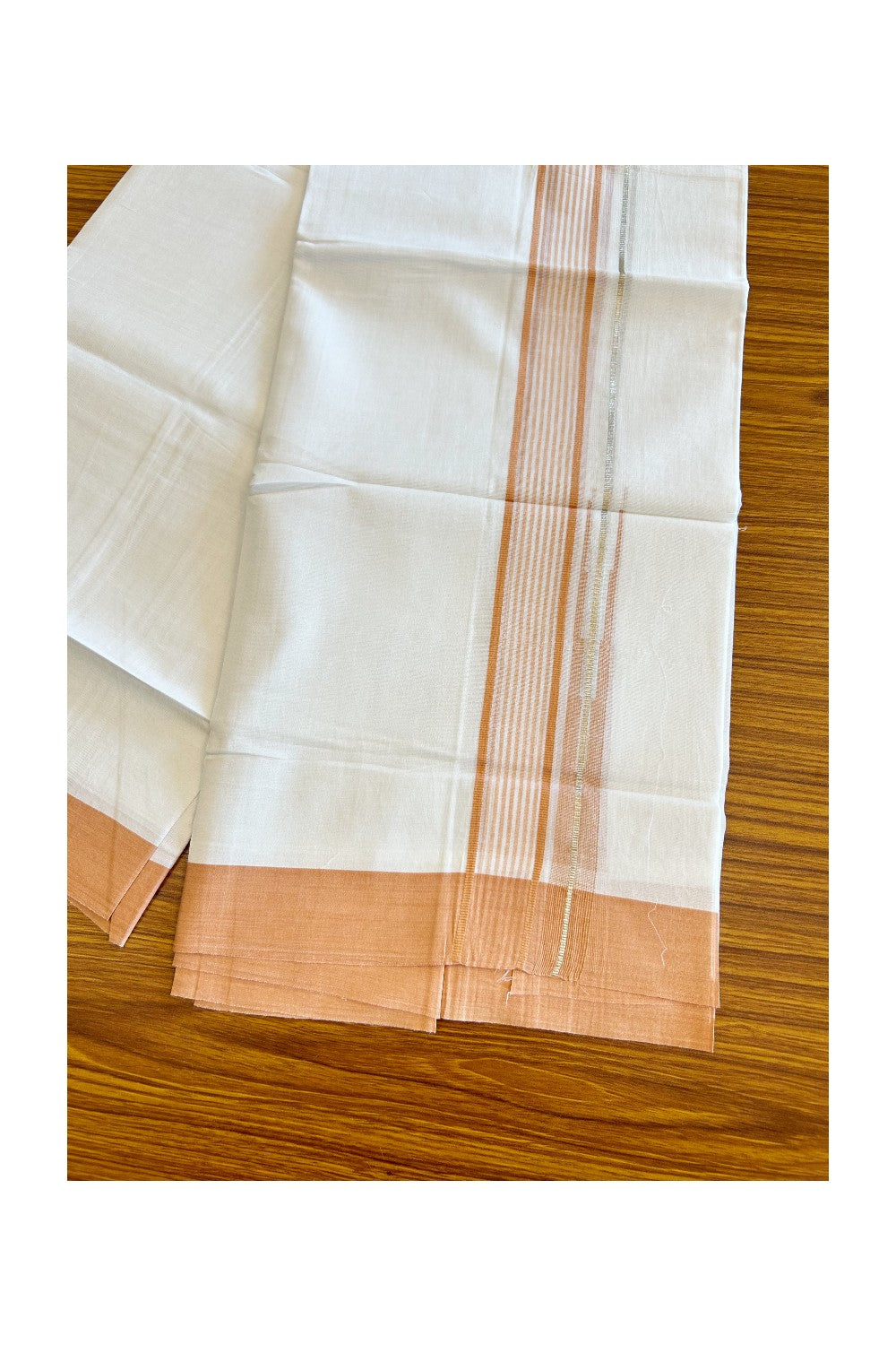 Kaitharikada  Balaramapuram 100% Pure Cotton PURE WHITE Double Mundu/Dothi - 80x92 - 1.5 Inch Light Orange & Silver striped Chutty kara - 8KK5022VAN