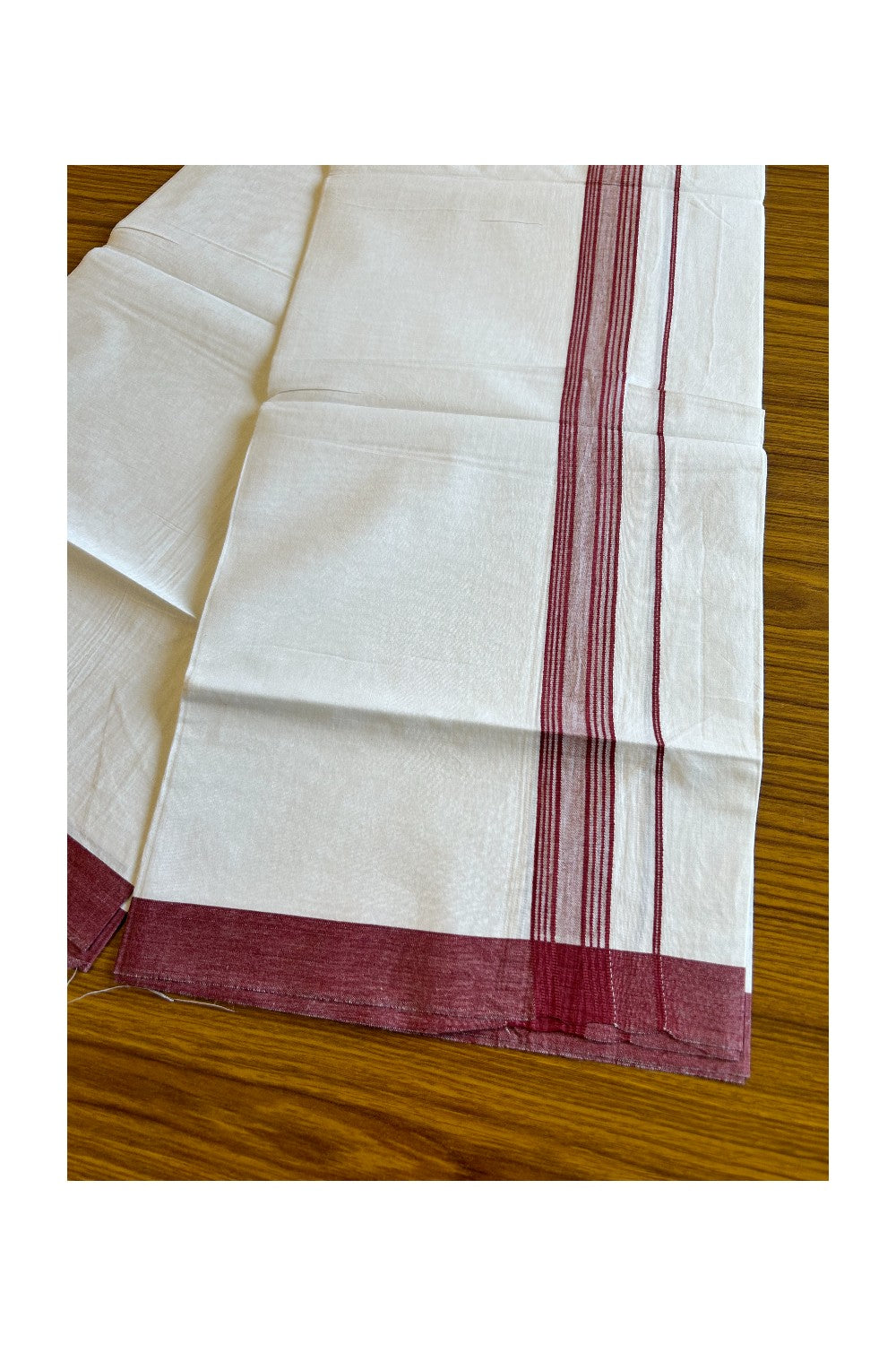 8% Discount ! Kaitharikada Balaramapuram 100% Cotton PURE WHITE SINGLE Mundu/Dothi-1.75 inch Dark Maroon Striped Kara - 8KK5032GAN