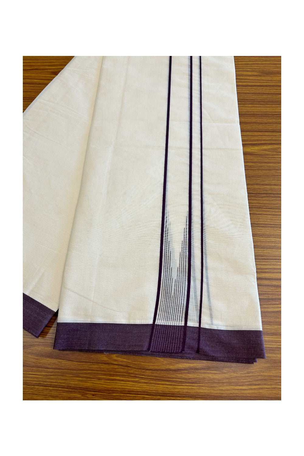 5% Discount!!! KaithariKada Balaramapuram  Double Off white - (Unbleached) Mundu/Dhoti - 80X90 - 2.25 inch Puliyilakkaara heavy chutty Wine purple stripes - 8KK5037KAI