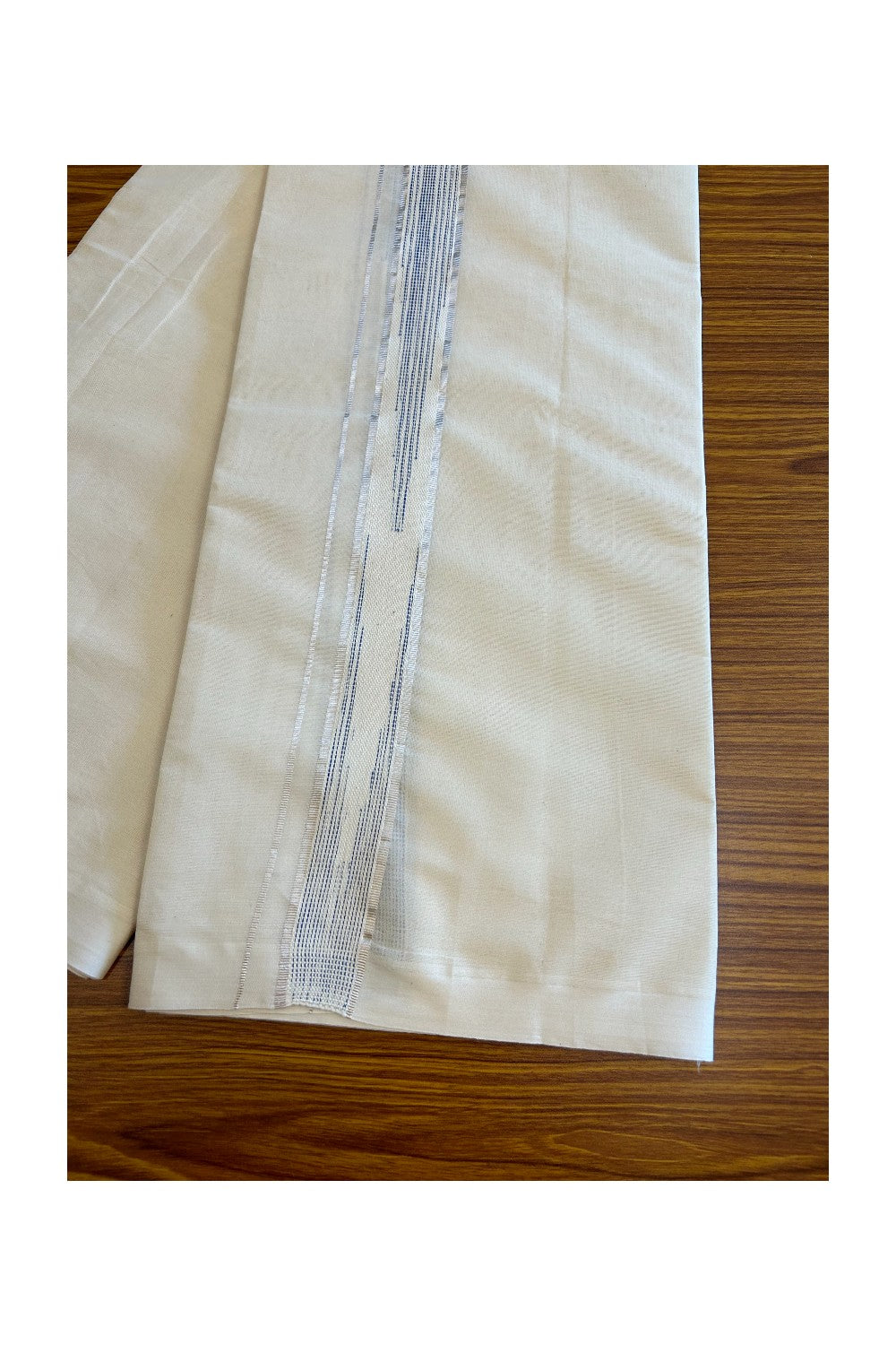 5% Discount!!! KaithariKada Balaramapuram  Double Off white - (Unbleached) Mundu/Dhoti - 80X90 - 2 inch Silver kasavu Blue striped heavy chutty - 22KK5037KAI