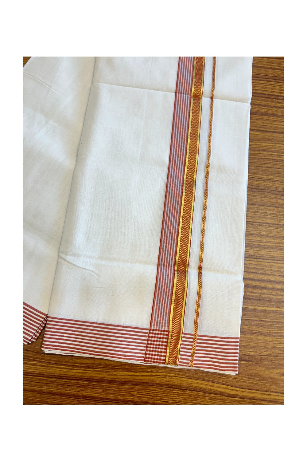 21% Discount KaithariKada HANDLOOM Unakkupaav Balaramapuram - 100% PURE Cotton Off White (Unbleached) Double Mundu/Dhoti - 2.25 inch  Kasavu & Brick Red Stripes Designer Kara-221