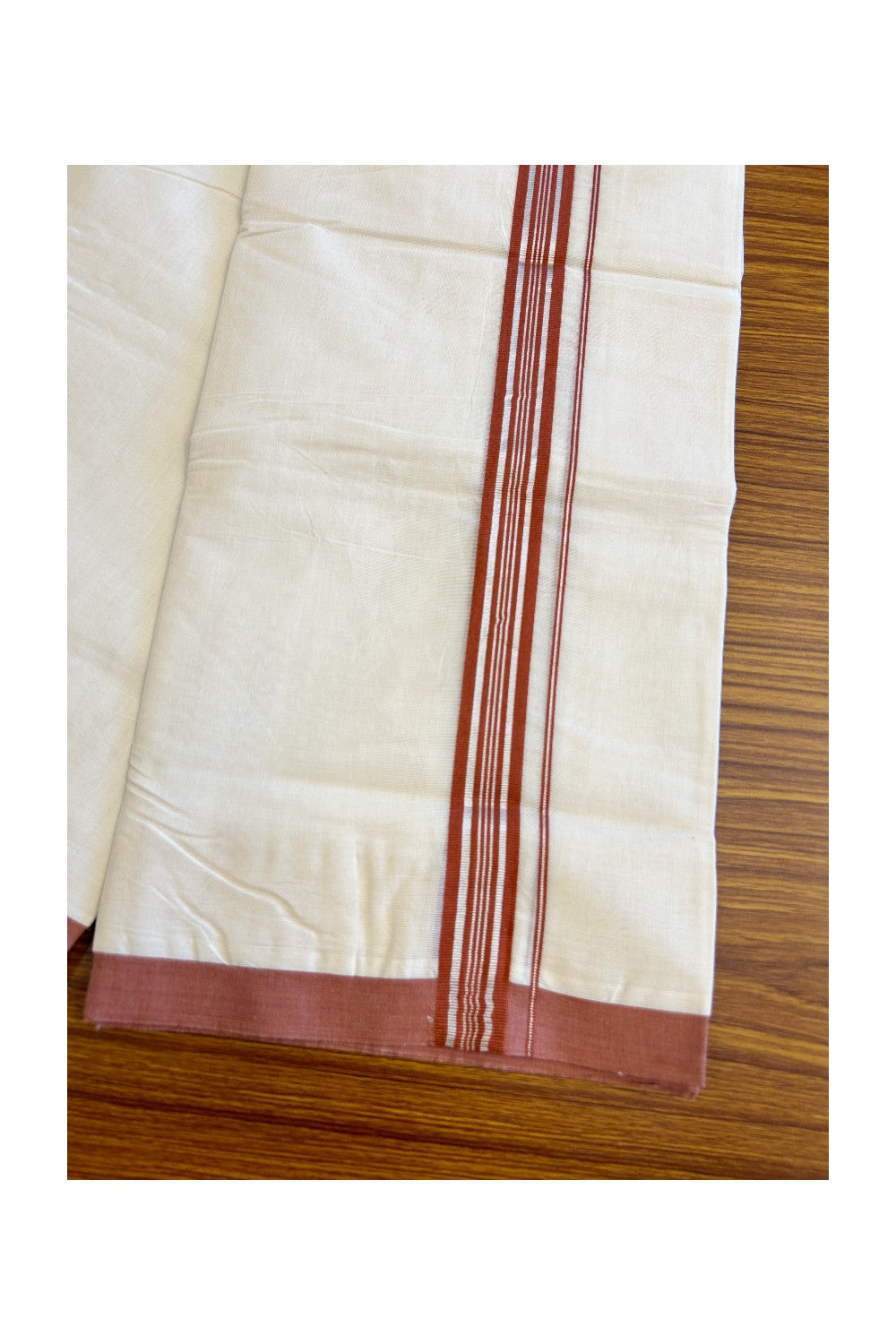 35% Discount !! KaithariKada Balaramapuram 100% Cotton Double Off white -(Unbleached) Mundu/Dhoti-100x100 - 1.5inch Silver Kasavu & Brick Red Striped Kara- 8KK5045ASH