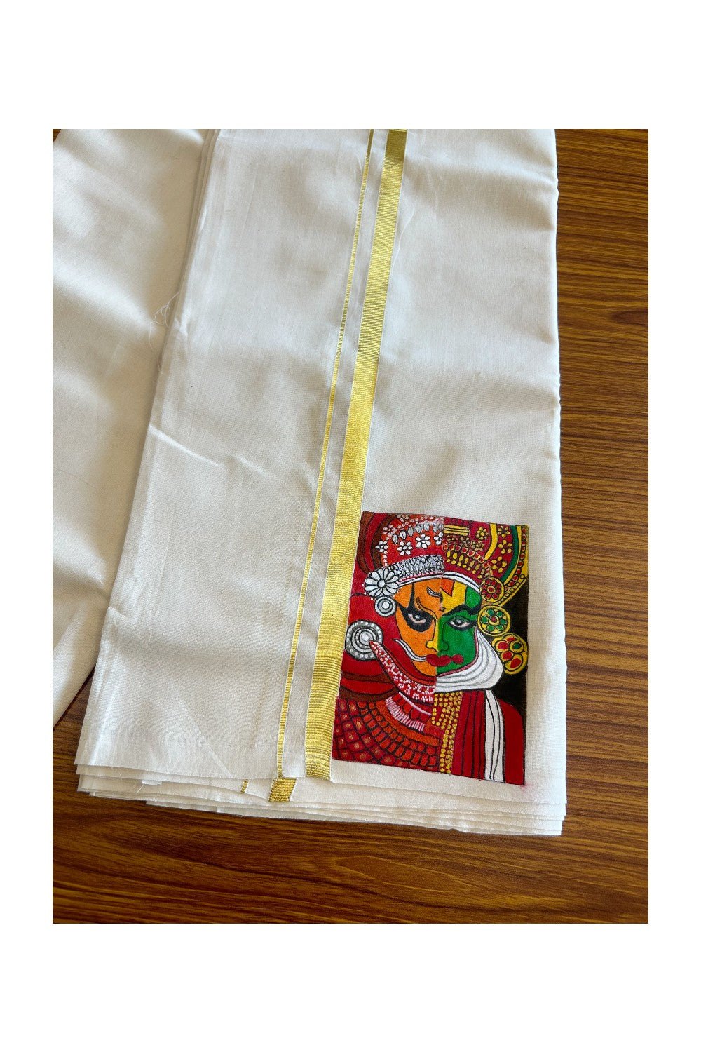 KaithariKada Balaramapuram 100% Cotton Double Off white - (Unbleached) Mundu/Dhoti-100x80 1 inch Kasavu & Hand Painted Theyyam & Kadhakali Design Kara 3.70 meter- 8KK5046KK