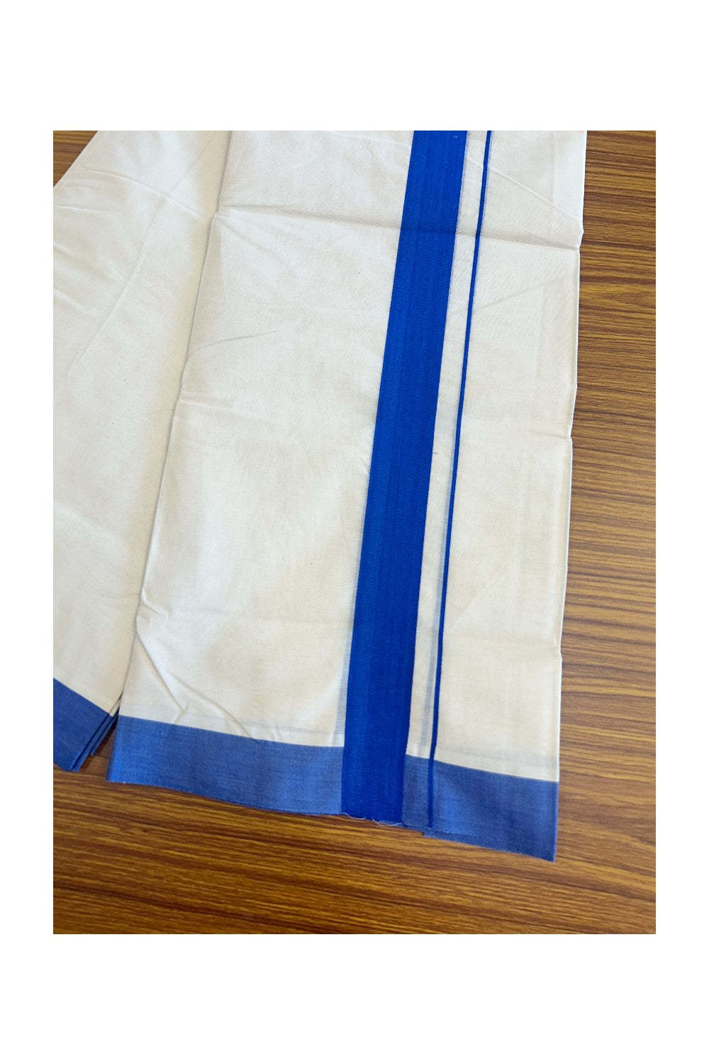 33% DISCOUNT! KaithariKada Balaramapuram 100% Cotton Double Off white - (Unbleached) - Mundu/Dhoti- 100x80 - 2inch Deep Blue Kara 3.75 mtr  - 133