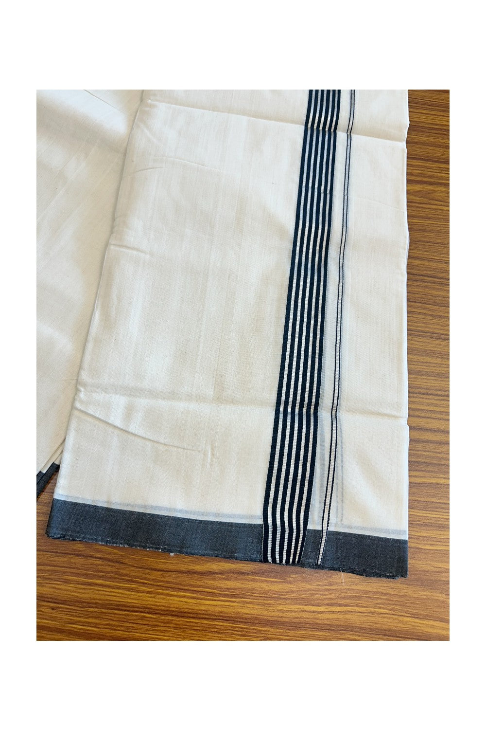 15% DISCOUNT! KaithariKada BALARAMAPURAM HANDLOOM UNAKKUPAAV - 100% PURE Cotton Off white (Unbleached) Double Mundu/Dhoti -  1.75inch Silver Kasavu & Black Stripes Kara-73