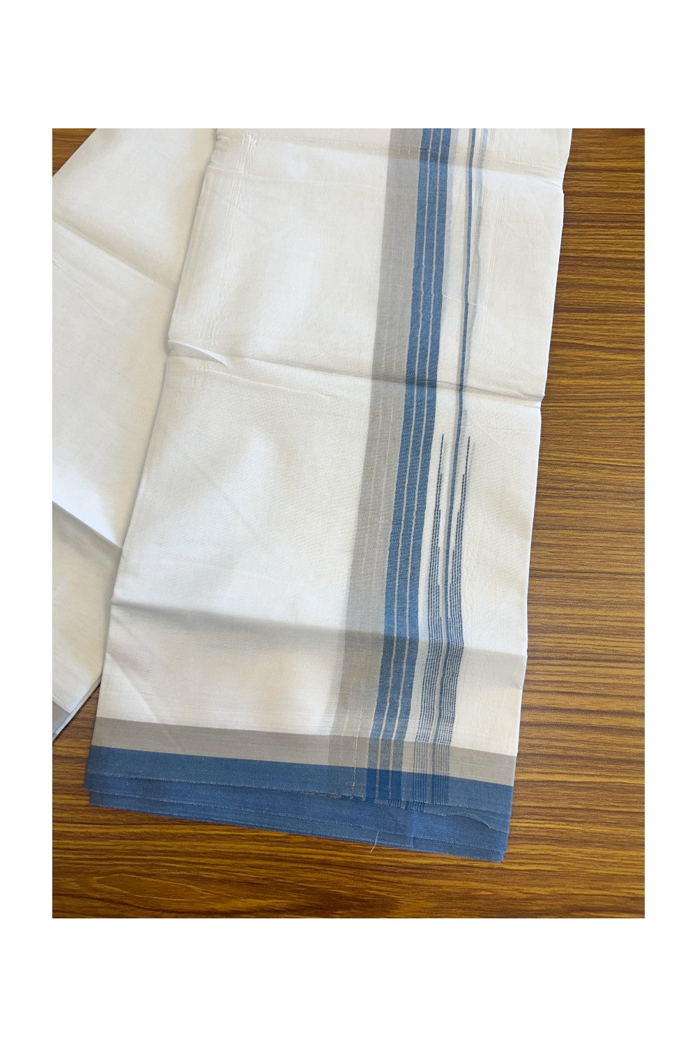 19% Discount!!! KaithariKada Balaramapuram  PURE WHITE Double Mundu/Dhoti - 80X90 - 2.25 inch Silver stripes Blue & Ash puliyilakkara striped chutty kara 3.85 meters - 8KK5058GUN