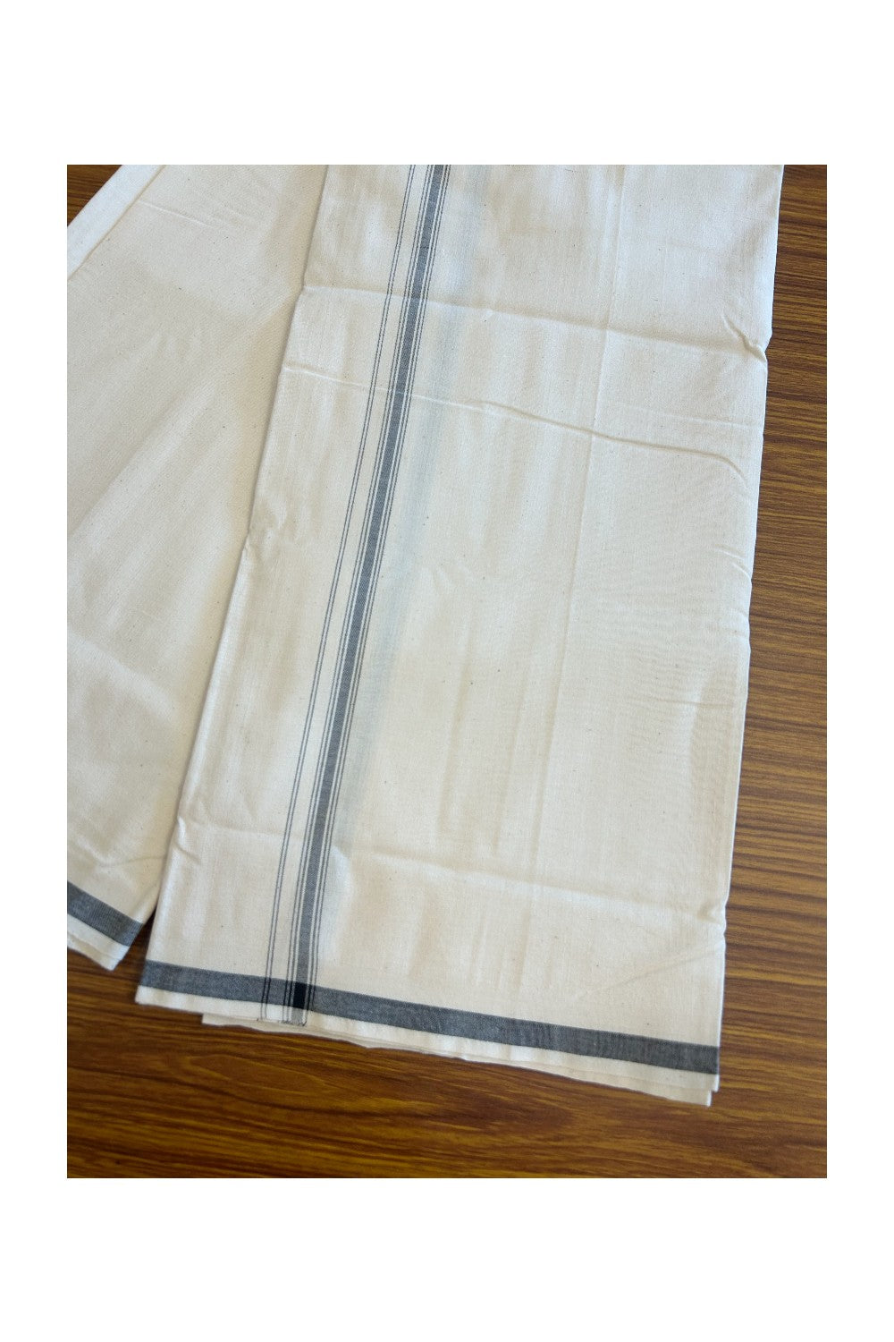 32% Discount ! KaithariKada 100% Cotton Balaramapuram HANDLOOM Single Mundu/Dhoti - Off White (Unbleached) 1.cm Gray striped  kara - 13.