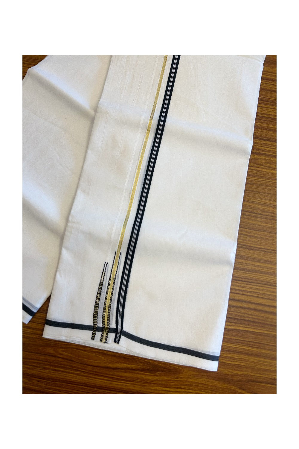 18% DISCOUNT! NEW!! KaithariKada Balaramapuram 100% Cotton PURE WHITE Double Mundu/Dhoti-100x100 1.cm  Puliyilakkara Double Chutty Kasavu & Black Striped  Kara - 8KK5067KK