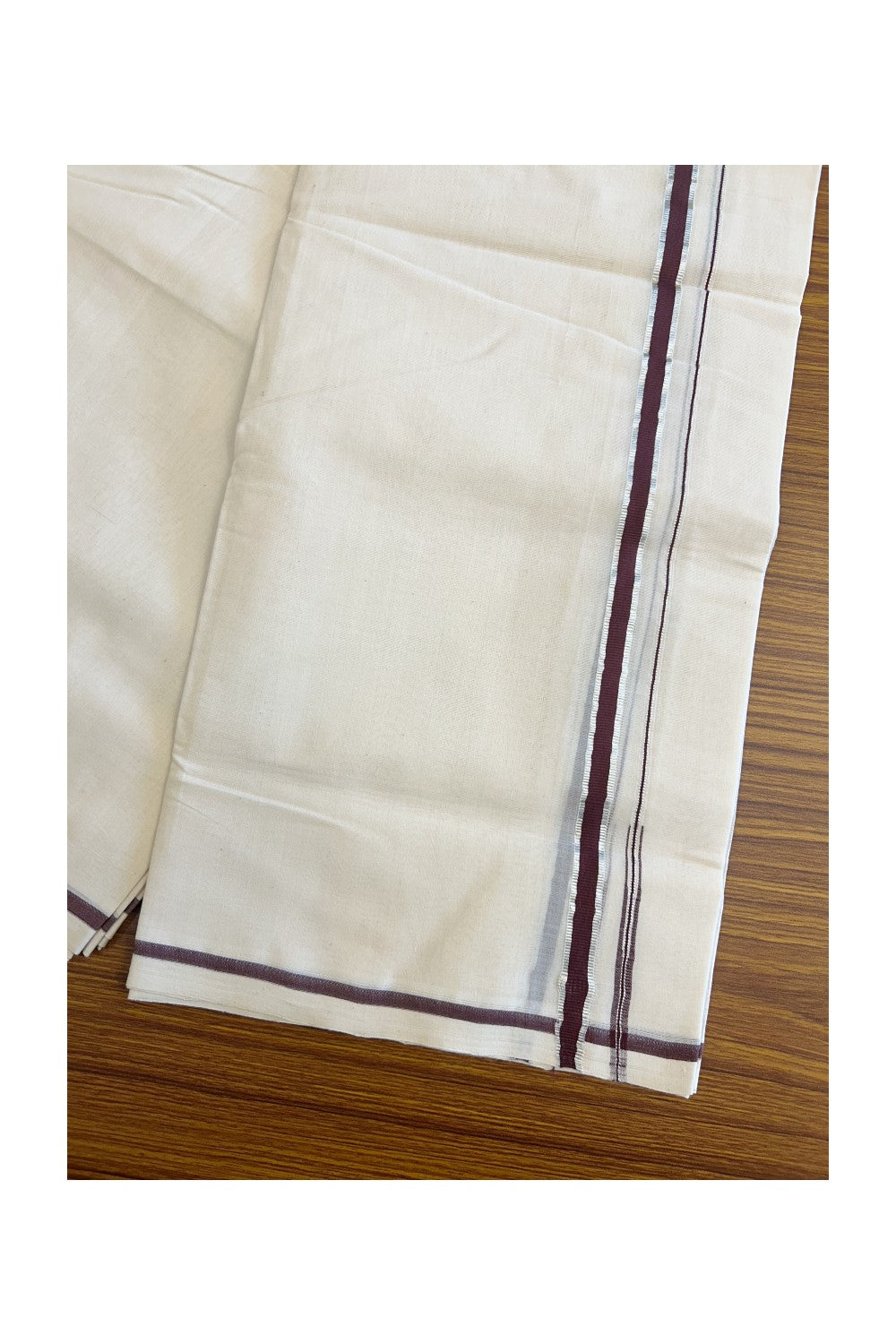 21% DISCOUNT!! KaithariKada HANDLOOM Millpaav Balaramapuram - 100% PURE Cotton Off White (Unbleached) - 100x100 Double Mundu/Dhoti - Puliyilakkara Chutty Silver Kasavu Brown Kara - 9KK114ASH