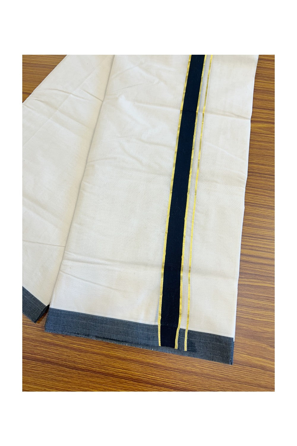 19% Discount ! KaithariKada Balaramapuram 100% Cotton Double Off white - (Unbleached) - Mundu/Dhoti-100X100 - 1.5inch Gold Kasavu & Black Kara.- 8KK5074ASH