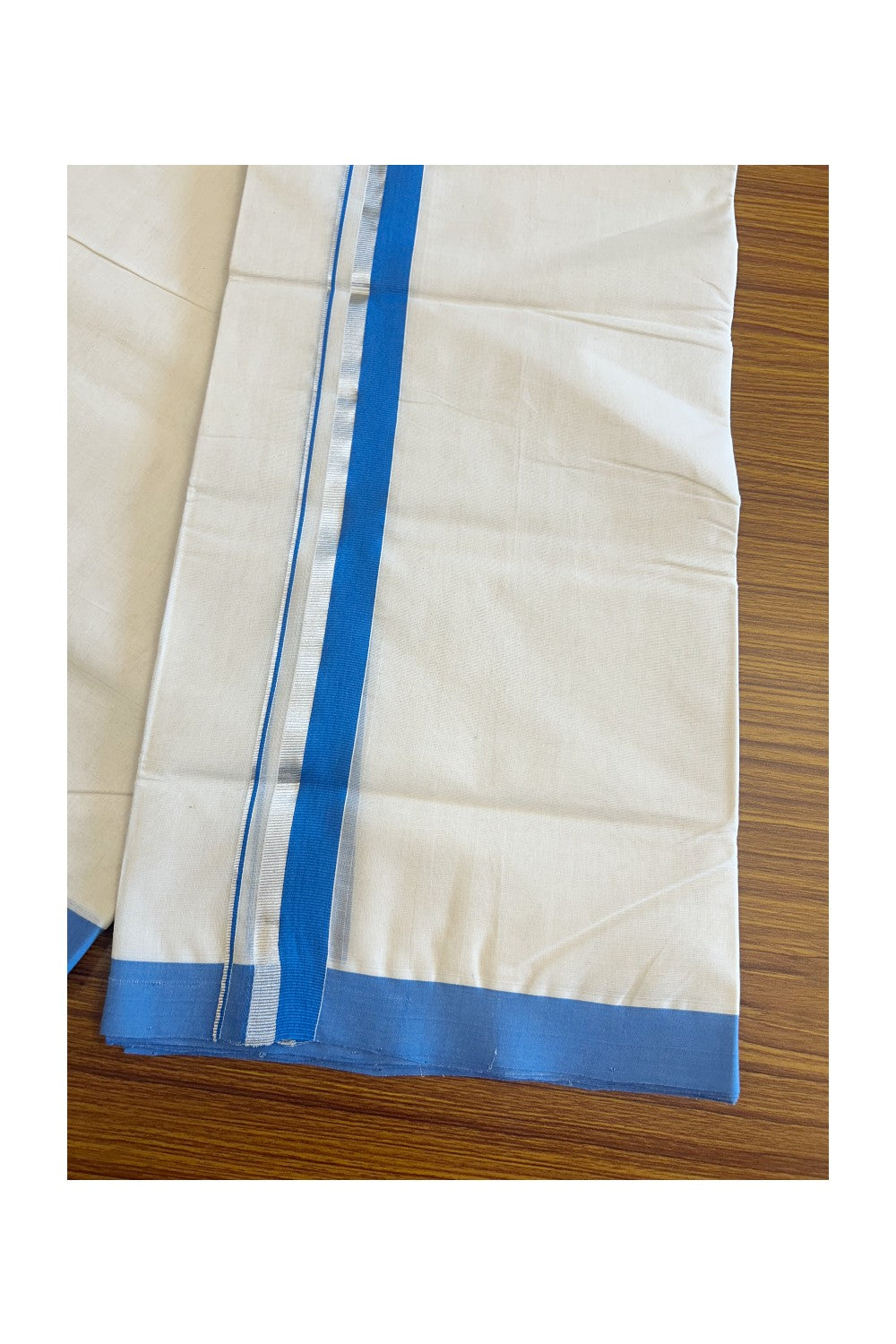 19% Discount !! KaithariKada HANDLOOM millpaav Balaramapuram - 100% PURE Cotton OFF White Double - (Unbleached)  Mundu/Dothi - 1.75  inch Silver kasavu & Blue kara 4.5 Meters (10 Muzham) - 8KK5081RAM