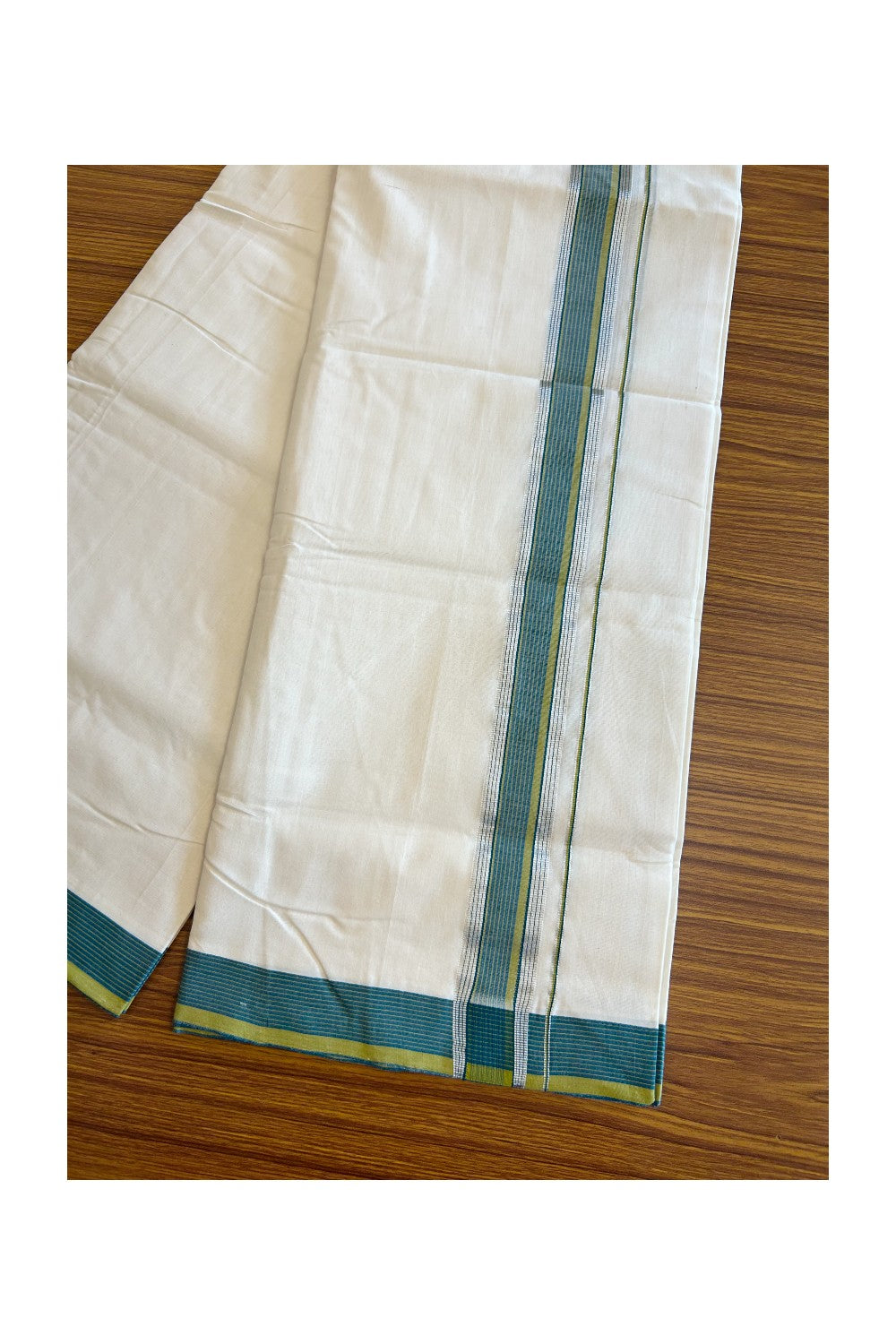 19% Discount !! KaithariKada HANDLOOM UNAKKUPAAV Balaramapuram - 100% PURE Cotton off white - (Unbleached) Double Mundu/Dhoti - 2 inch Silver kasavu Peacock Blue & Mustard Yellow striped kara - 8KK5082RAM