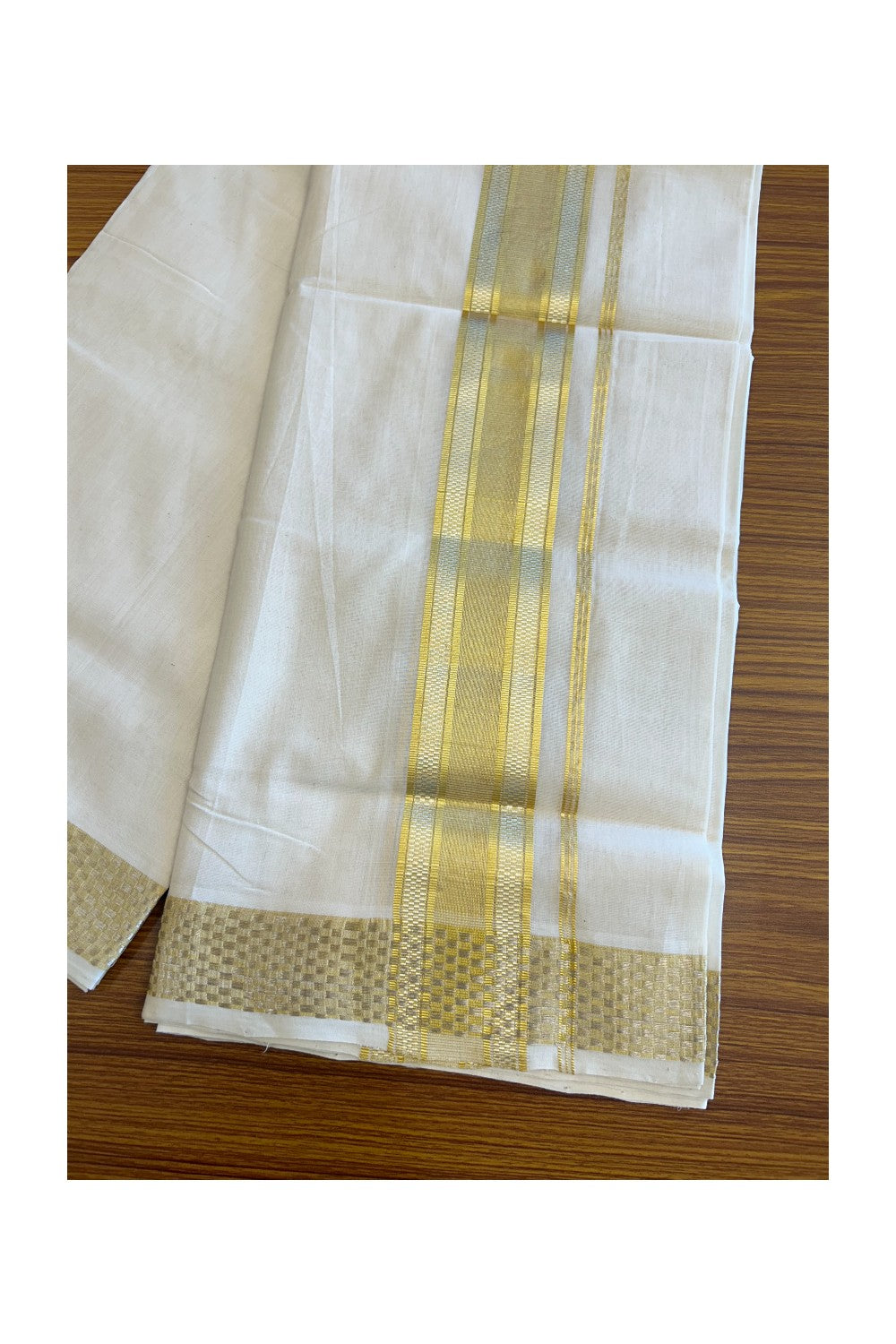 30% DISCOUNT ! KaithariKada HANDLOOM Unakkupaav Balaramapuram - 100% PURE Cotton Off White - (Unbleached) Double Mundu/Dhoti - 100x100  3 Inch Kasavu Striped Pattern kara - 8KK5097ABH