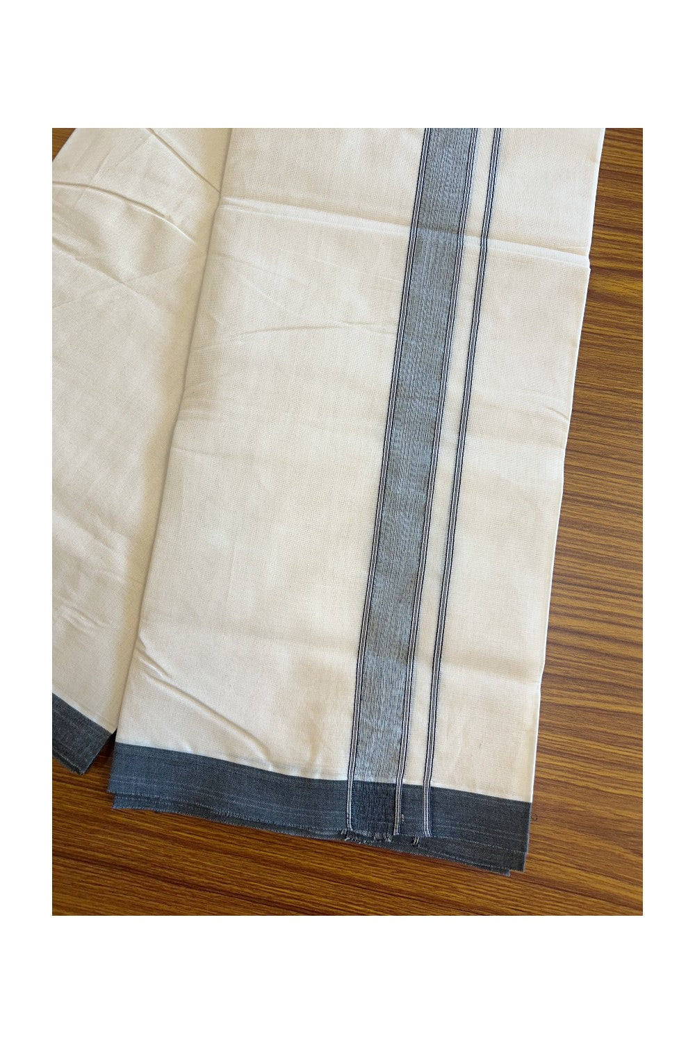 19% Discount ! KaithariKada Balaramapuram 100% Cotton Double Off white - (Unbleached) - Mundu/Dhoti- 100x80 - 1.75 inch  Black Shaded Side Striped Kara.- 8KK5101ASH