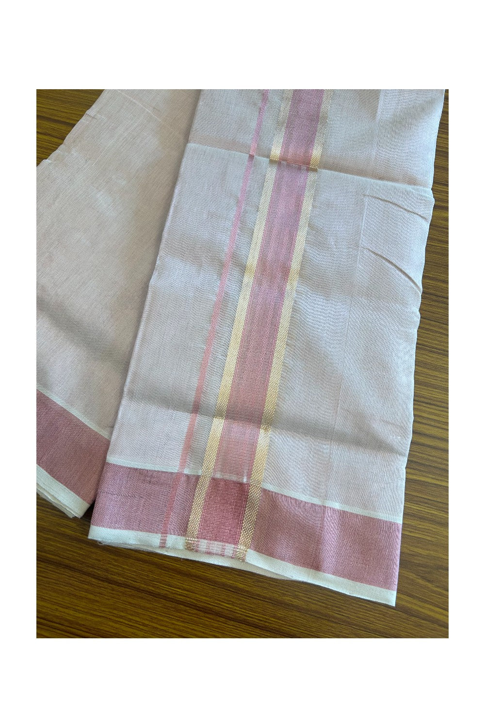 30% DISCOUNT! KaithariKada HANDLOOM Millpaav Balaramapuram - 100% PURE Cotton Off White (Unbleached) - Double Mundu/Dhoti - 2.75 inch Gold Kasavu Striped Kara & Pink Tissue Body- 8KK5105RAM