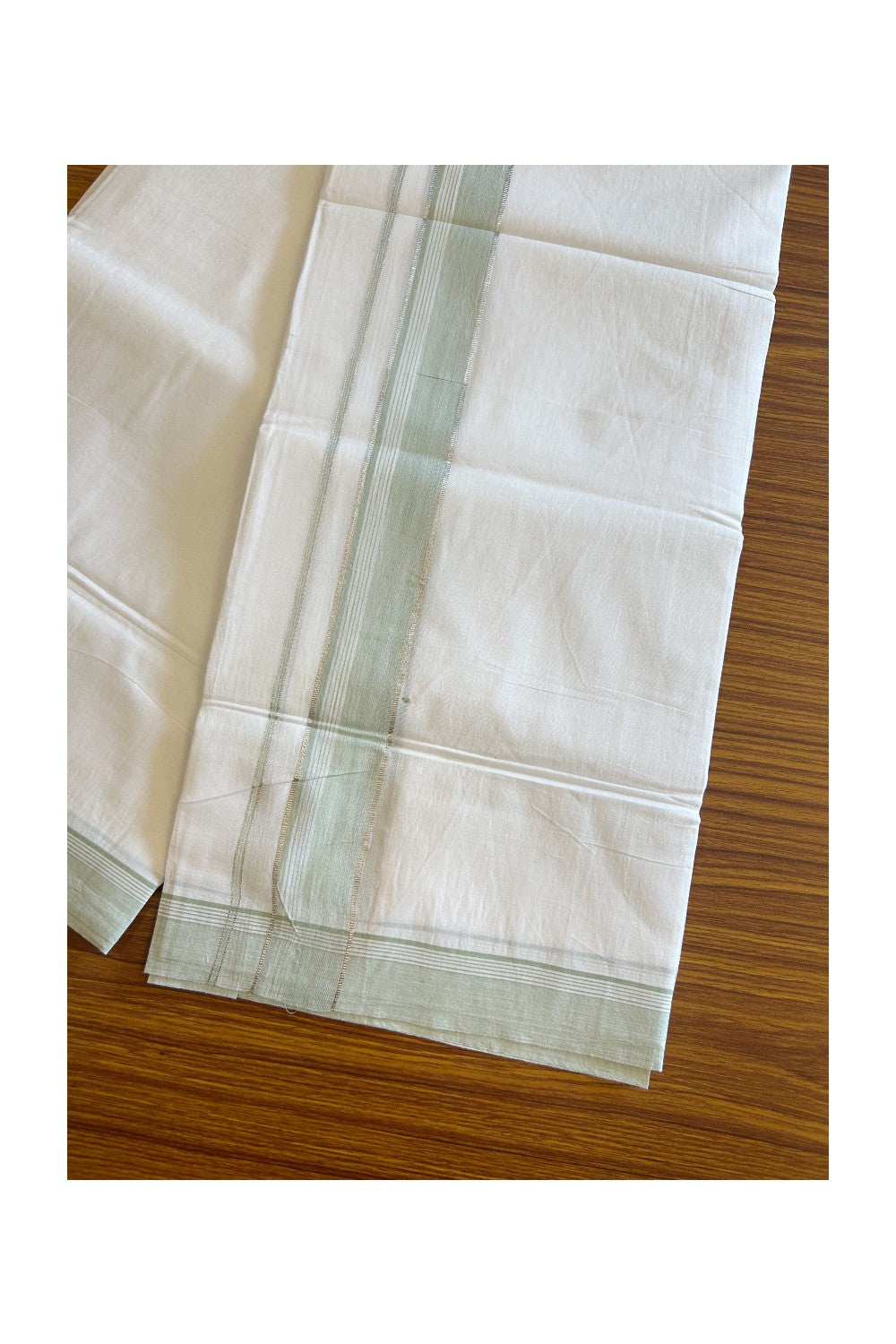 20% DISCOUNT! KaithariKada Balaramapuram 100% Cotton Double PURE white Mundu/Dhoti - 100x100 - Shaded Light Green Silver Side Striped Kara - 8KK5109THI