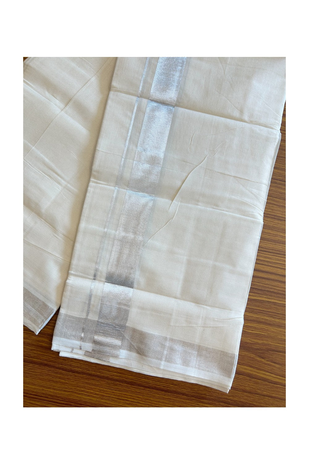 19% DISCOUNT! KaithariKada Balaramapuram 100% Cotton  Off white (Unbleached) Double Mundu/Dhoti-100x100 1.5 inch Silver Kasavu kara - 8KK5110THI