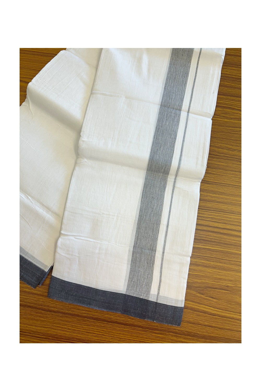 Linen Dhoti NEW! 20% Discount from Kaitharikada.com - Double Mundu/Dhoti 80x90 Thread PURE WHITE - Pure Cotton + Linen - 2.25 Inch Black Shaded Kara- 26KK5115THI