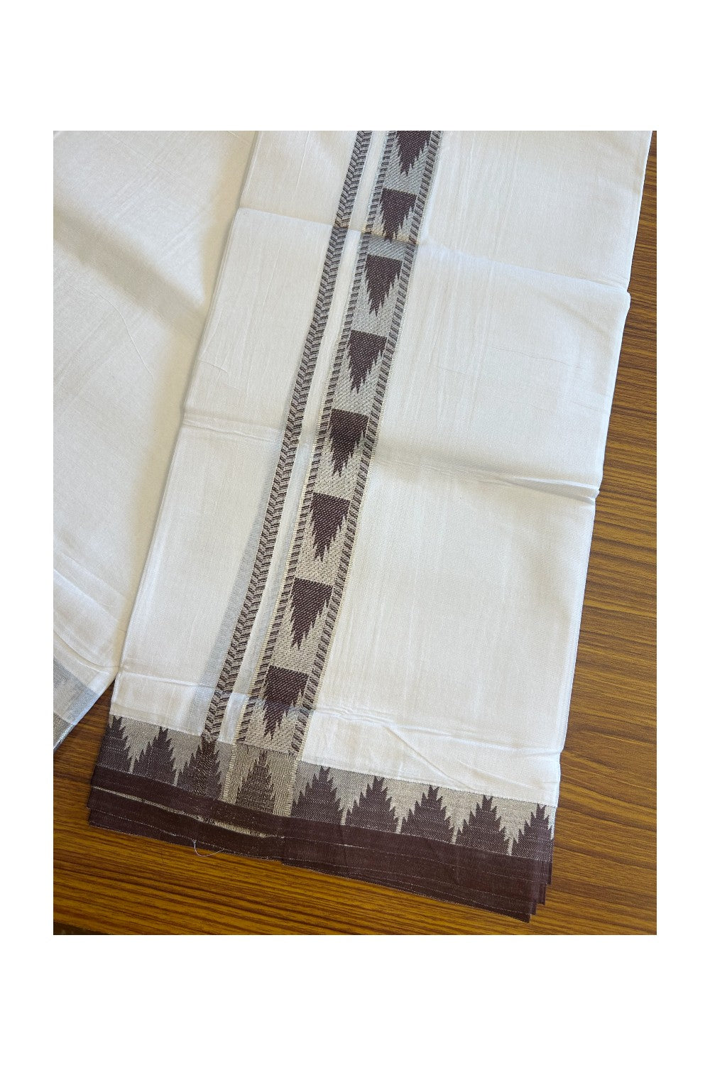 20% DISCOUNT! KaithariKada Balaramapuram 100% Cotton Double PURE white Mundu/Dhoti - 100x80 - 2 Inch Silver kasavu & Brown Temple Design Kara - 8KK5118PMC