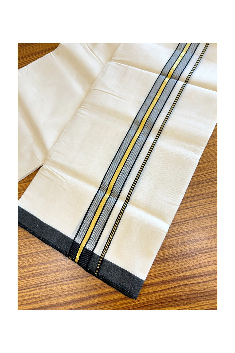 30% Discount!!! KaithariKada HANDLOOM UNAKKUPAAV Balaramapuram - 100% PURE Cotton off white (Unbleached) Double Mundu/Dhoti - 1.5 inch Kasav & Black Striped Kara - 8KK5123RAM