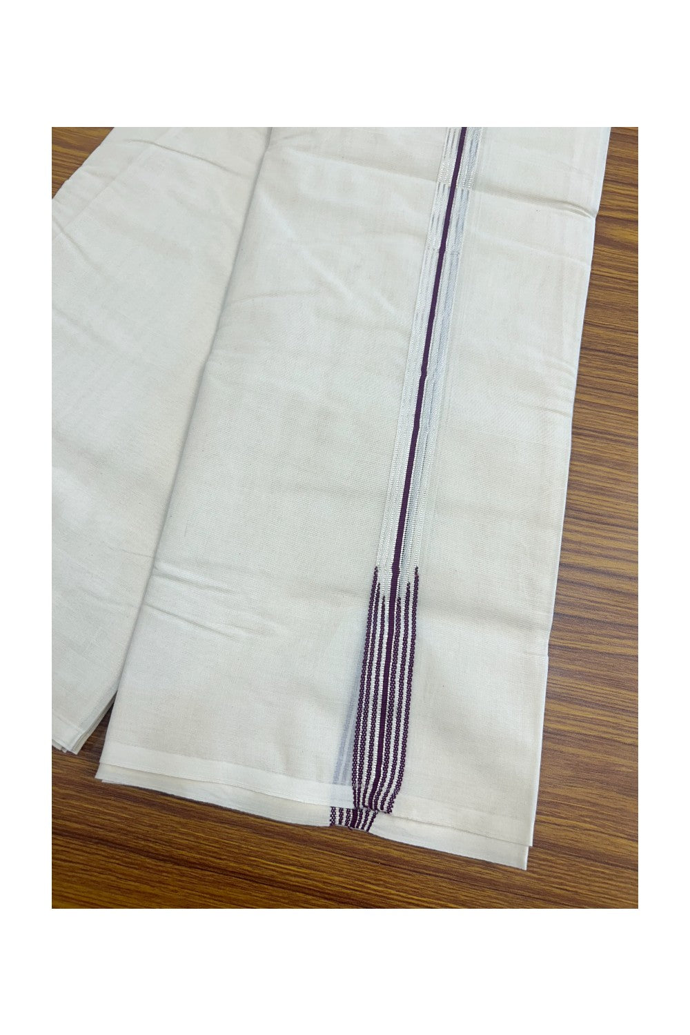 19% DISCOUNT ! KaithariKada 100% Cotton OFF WHITE - (Unbleached) Double Dhoti/Mundu- 100x100 - 0.75 inch 6 Line Puliyilakkara Purple & Silver Chutty Kara 3.50 meters - 7KK5140ASH