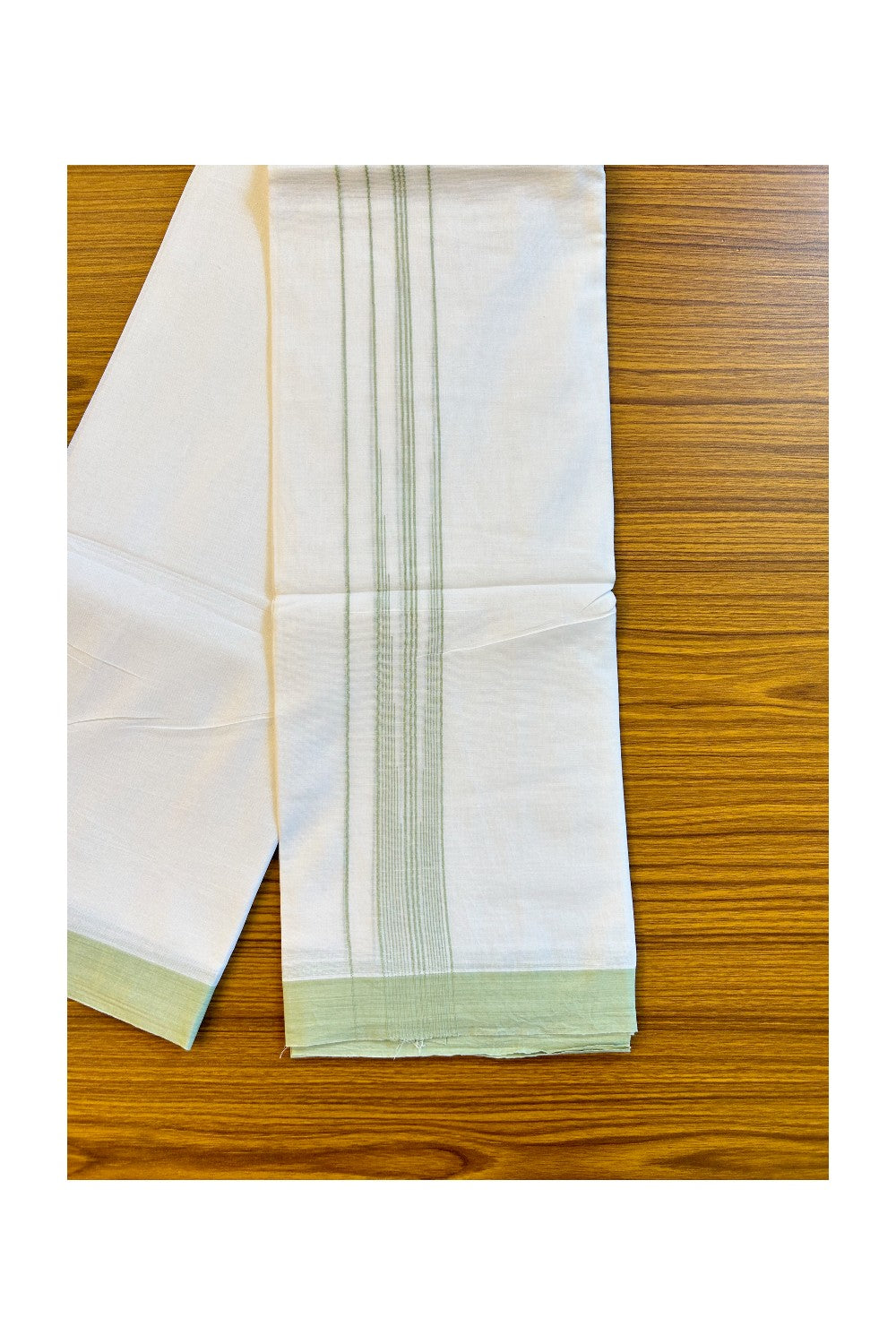 22% DISCOUNT!! Kaitharikada Balaramapuram 100% Cotton Ultra WHITE Double Mundu/Dothi-100x100  2 Inch LIGHT GREEN Striped Cotton Kara 3.80m - 8KK74RAM