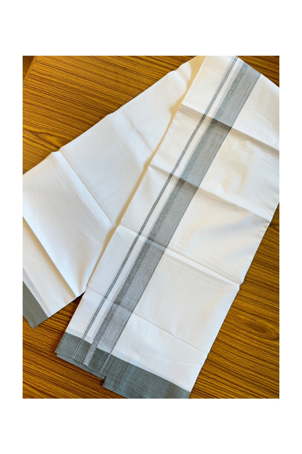 19% DISCOUNT!!! KaithariKada Balaramapuram 100% Cotton Double PURE white Mundu/Dhoti-100x100  2.25 Inch Dark gray & white shaded kara  - 81KK83VIN