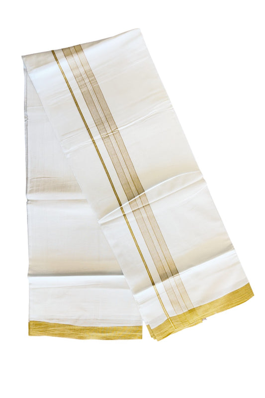 24% DISCOUNT!! Kaitharikada Balaramapuram 100% Cotton Ultra WHITE Double Mundu./Dothi-100x80   2.25 Inch BROWNISH YELLOW  SHADED + WHITE Striped Cotton Kara 83KK45VAS.