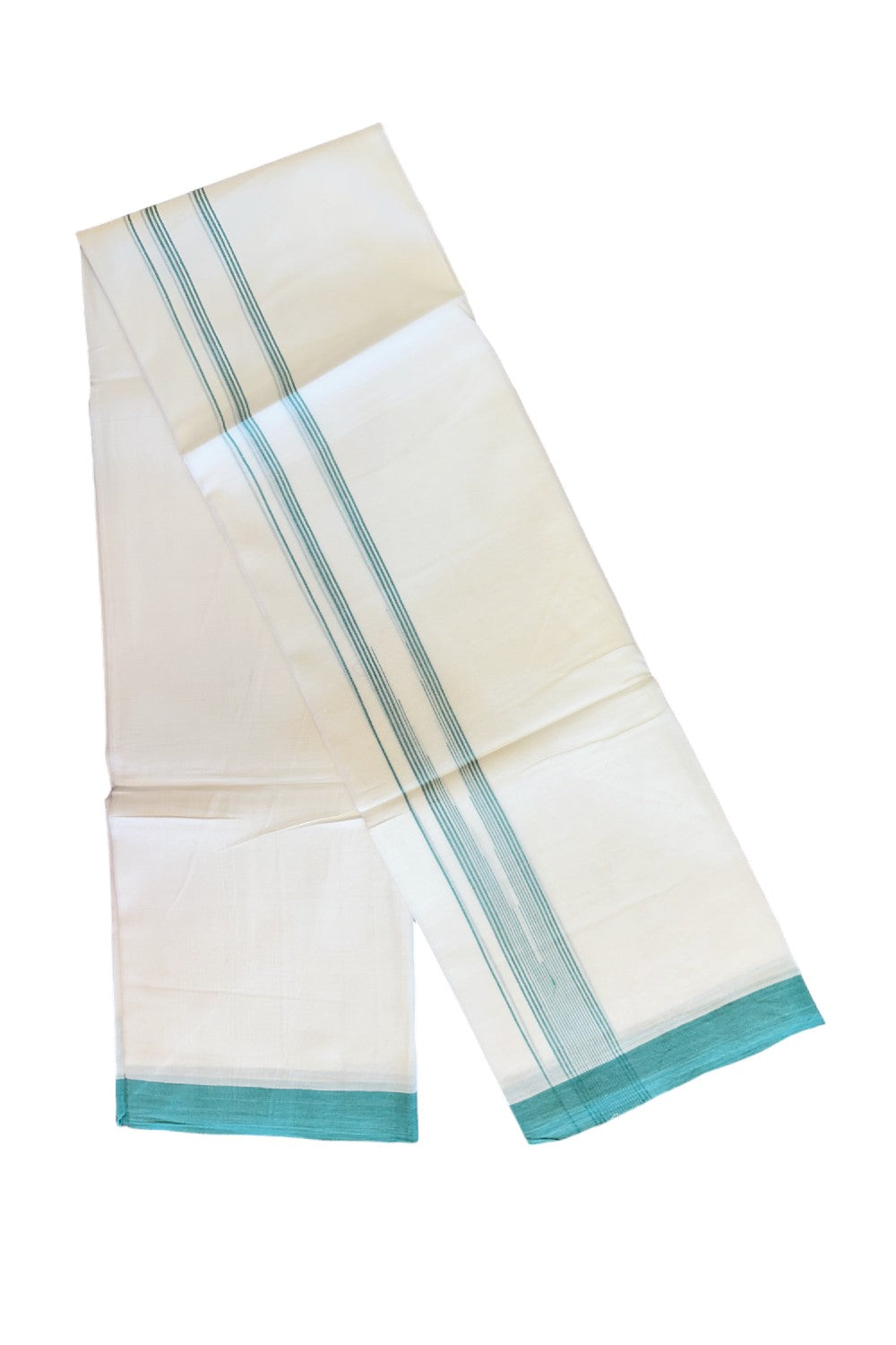 22% DISCOUNT!! Kaitharikada Balaramapuram 100% Cotton Ultra WHITE Double Mundu/Dothi-100x100  2 Inch Turquoise Green STRIPED Cotton Kara 3.80m - 84KK74RAM