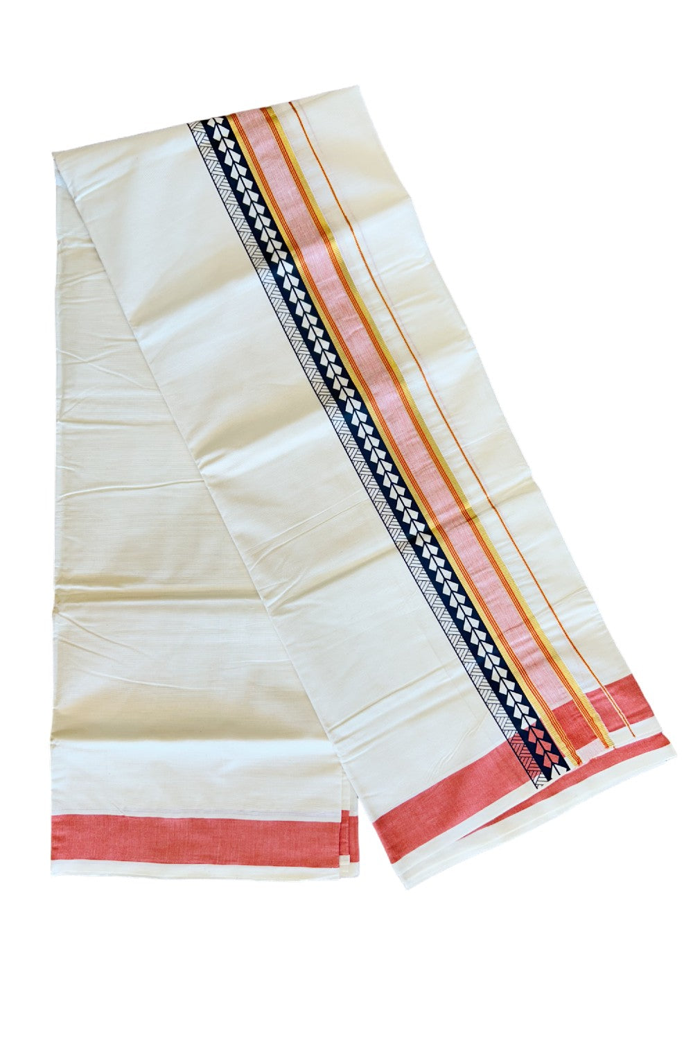 32% Discount !! KaithariKada Balaramapuram 100% Cotton Off white Double Mundu/Dhoti - 80x72 - 3.25 Inch Kasavu Brick red & white shaded Black pattern printed kara - 84KK470VIN