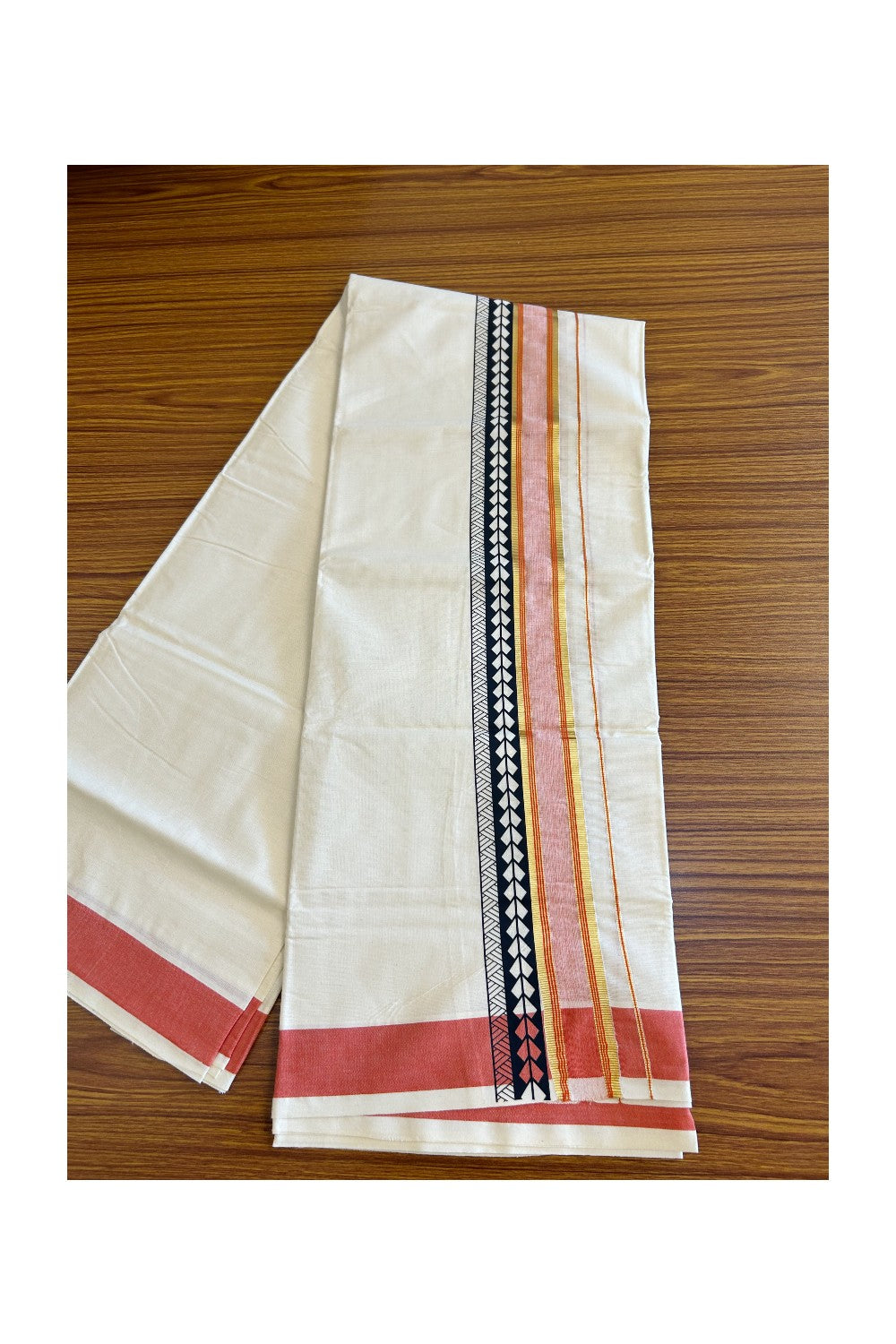 32% Discount !! KaithariKada Balaramapuram 100% Cotton Off white Double Mundu/Dhoti - 80x72 - 3.25 Inch Kasavu Brick red & white shaded Black pattern printed kara - 84KK470VIN