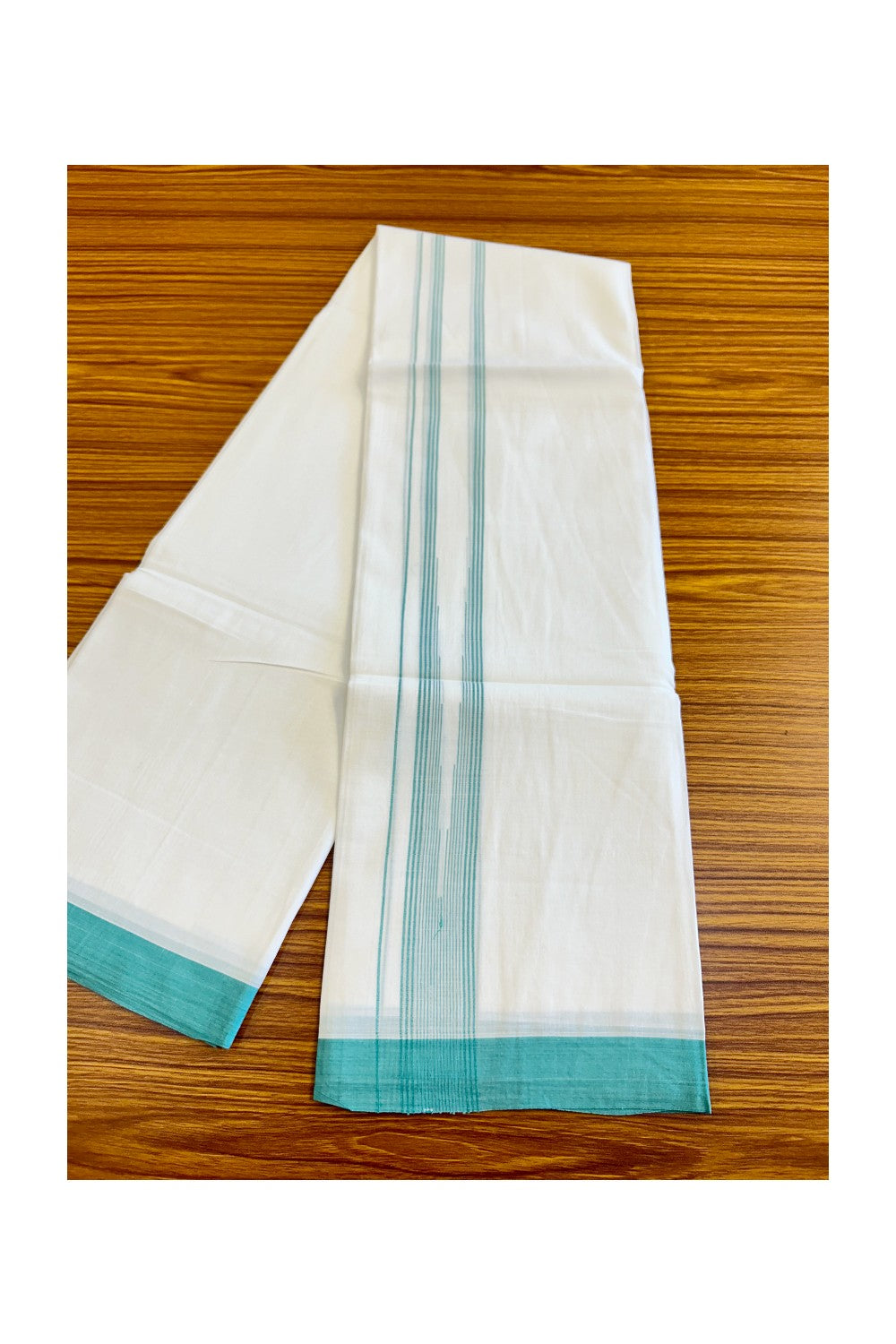 22% DISCOUNT!! Kaitharikada Balaramapuram 100% Cotton Ultra WHITE Double Mundu/Dothi-100x100  2 Inch Turquoise Green STRIPED Cotton Kara 3.80m - 84KK74RAM