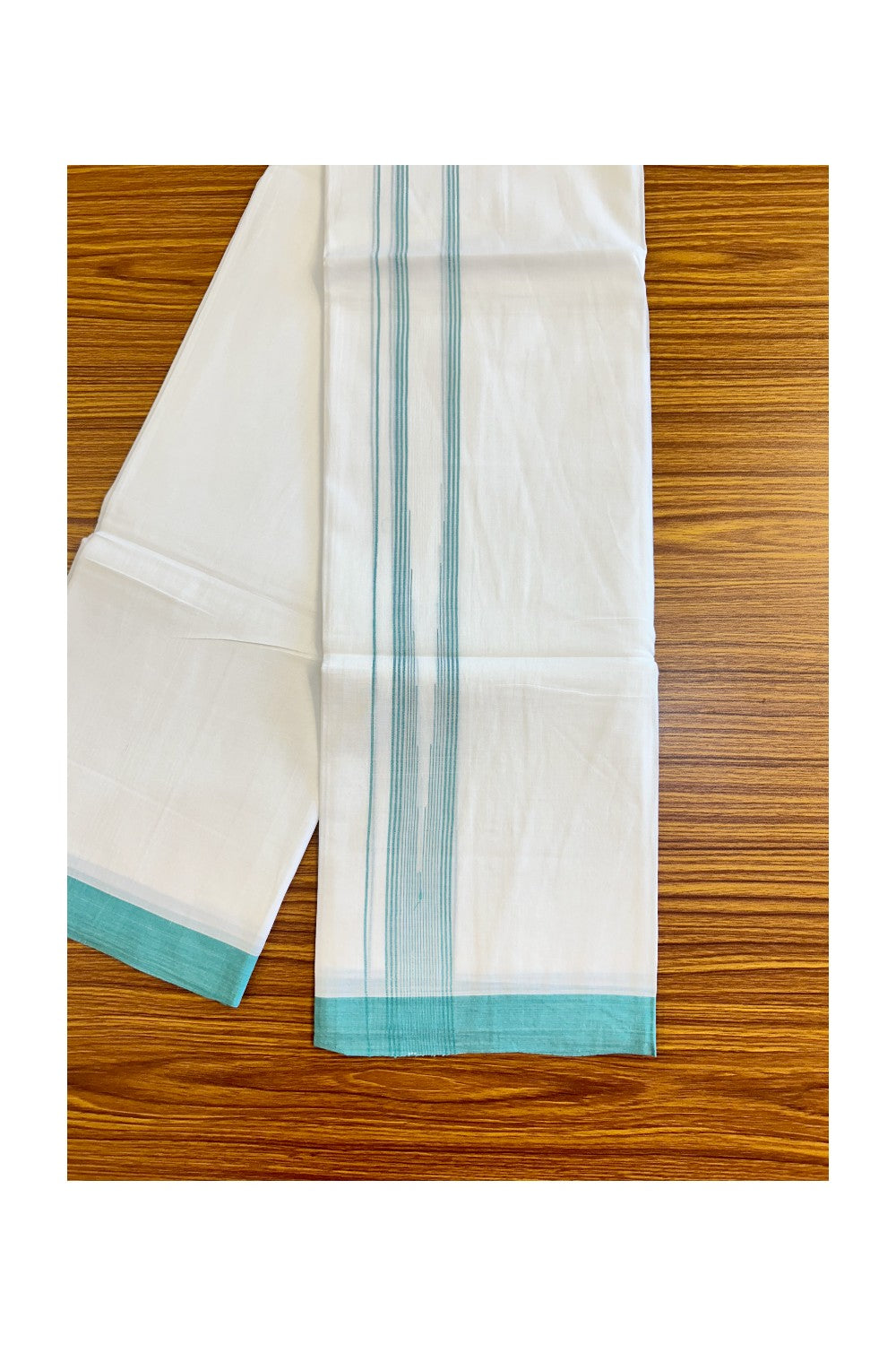 22% DISCOUNT!! Kaitharikada Balaramapuram 100% Cotton Ultra WHITE Double Mundu/Dothi-100x100  2 Inch Turquoise Green STRIPED Cotton Kara 3.80m - 84KK74RAM