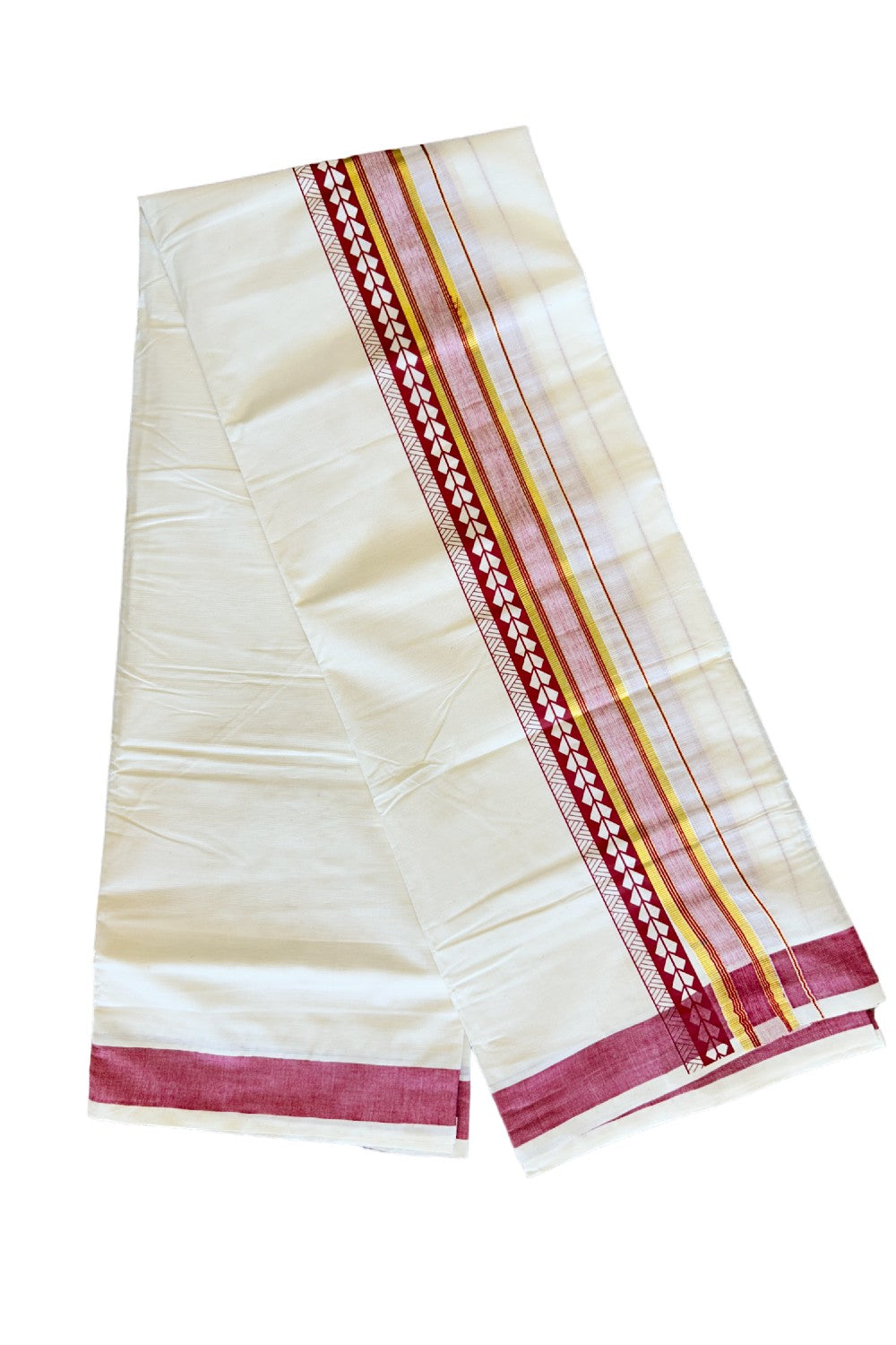 32% Discount !! KaithariKada Balaramapuram 100% Cotton Off white Double Mundu/Dhoti - 80x72 - 3.25 Inch Kasavu Red & white shaded pattern printed kara - 86KK470VIN