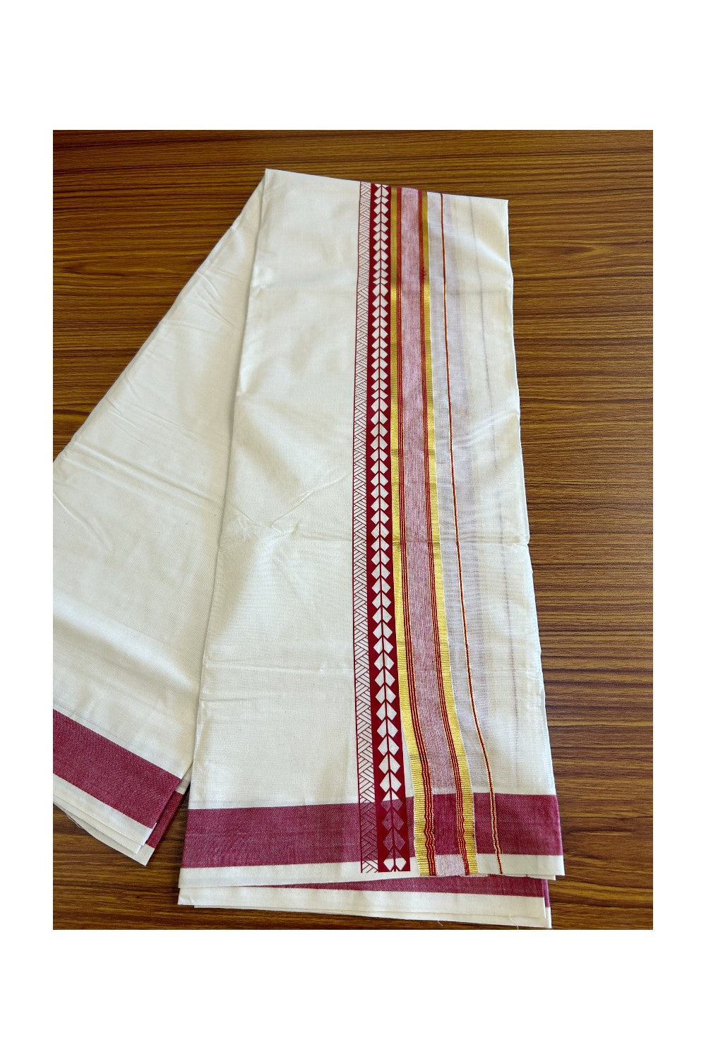 32% Discount !! KaithariKada Balaramapuram 100% Cotton Off white Double Mundu/Dhoti - 80x72 - 3.25 Inch Kasavu Red & white shaded pattern printed kara - 86KK470VIN