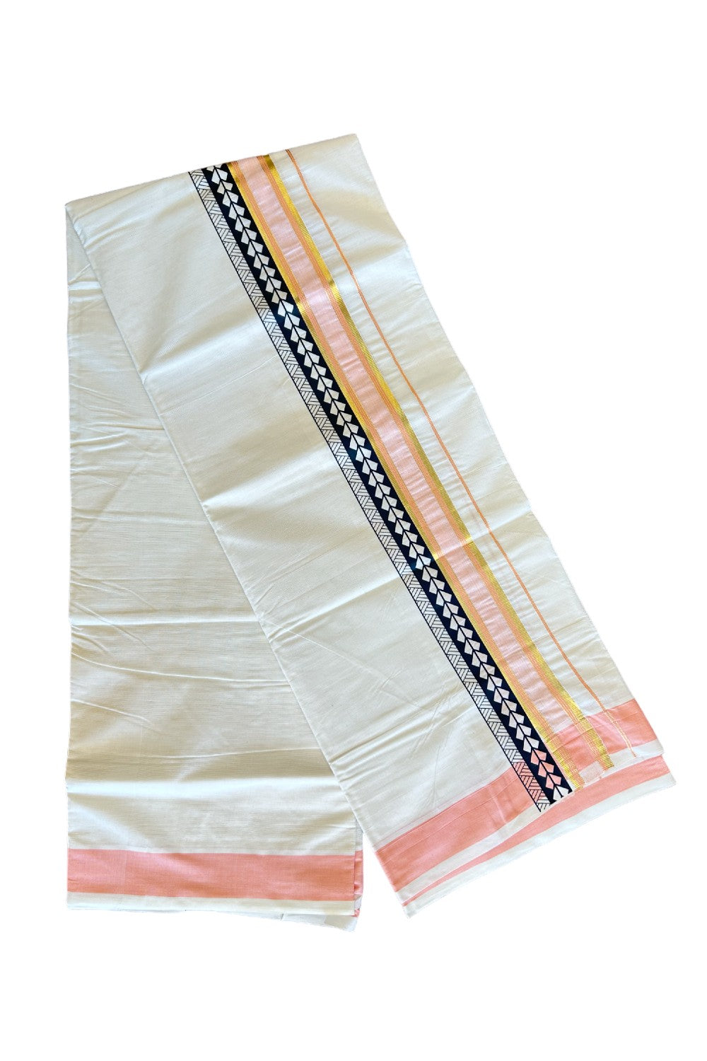 32% Discount !! KaithariKada Balaramapuram 100% Cotton Off white Double Mundu/Dhoti - 80x72 - 3.25 Inch Kasavu Peach & white shaded Black pattern printed kara - 88KK470VIN