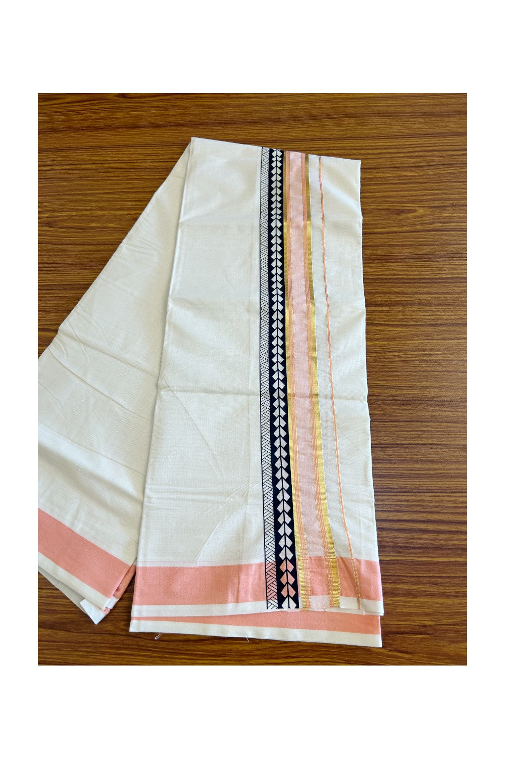 32% Discount !! KaithariKada Balaramapuram 100% Cotton Off white Double Mundu/Dhoti - 80x72 - 3.25 Inch Kasavu Peach & white shaded Black pattern printed kara - 88KK470VIN