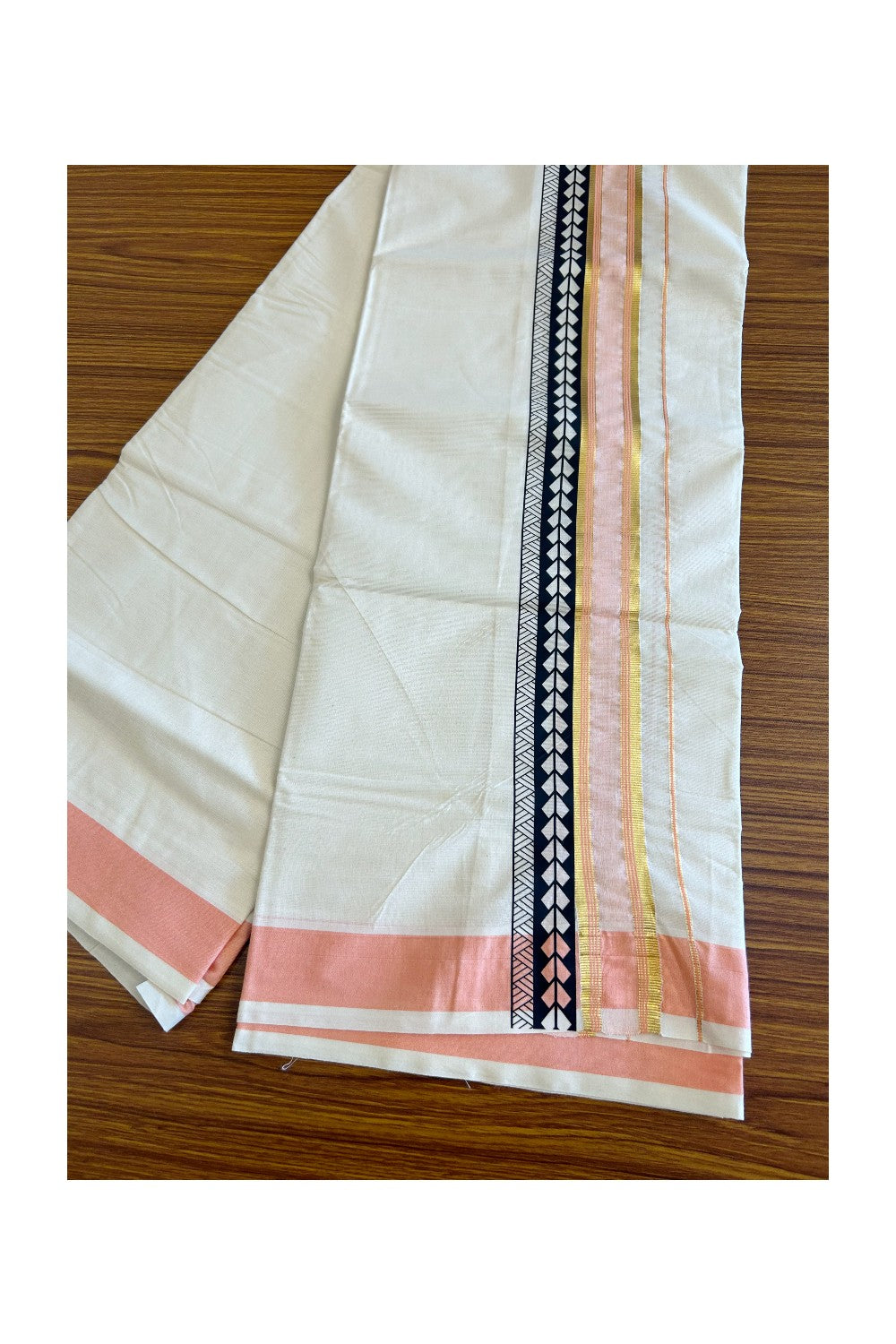 32% Discount !! KaithariKada Balaramapuram 100% Cotton Off white Double Mundu/Dhoti - 80x72 - 3.25 Inch Kasavu Peach & white shaded Black pattern printed kara - 88KK470VIN