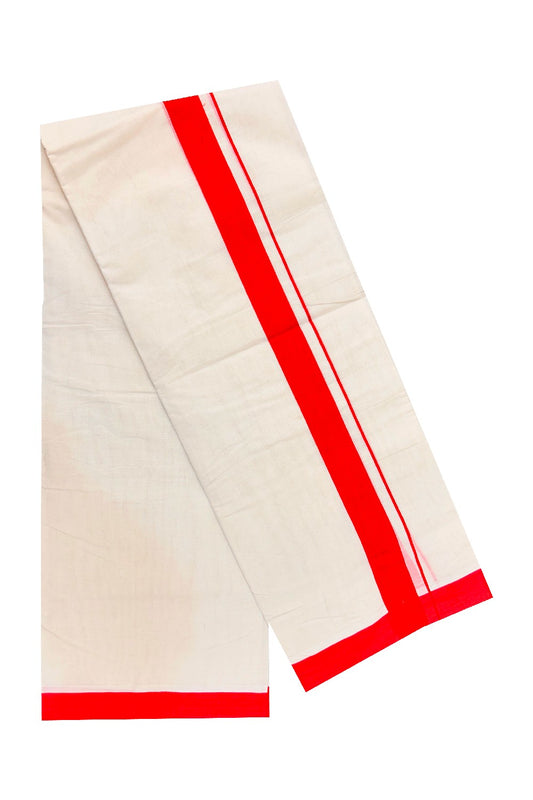 30% Discount! KaithariKada Balaramapuram 100% Cotton Double Off white Mundu/Dhoti-100X100-  PEACH RED 1.5 inch Kara.- 9