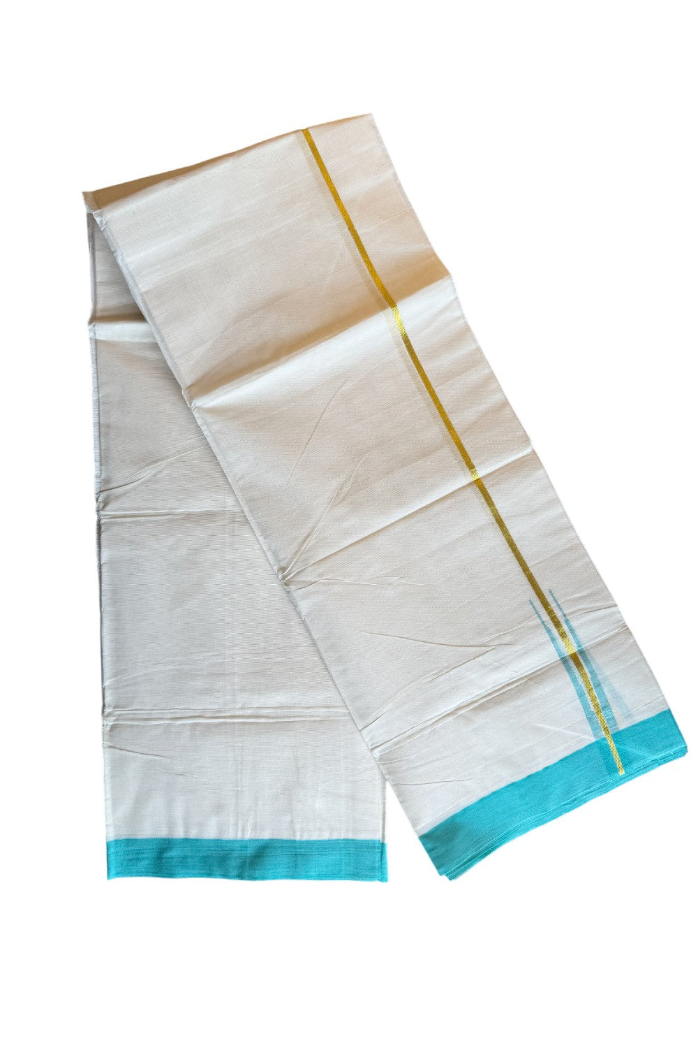 29% DISCOUNT!!! KaithariKada Balaramapuram 100% Cotton  Off white Double Mundu/Dhoti-100x100  Kasavu Puliyilakkara 0.75 Inch Turquoise Chutty -  9KK206VIN