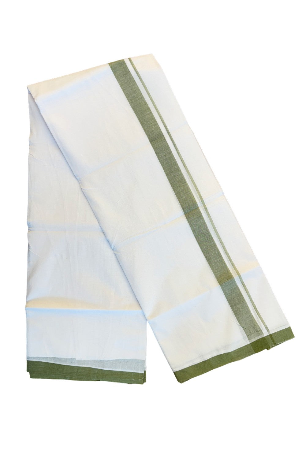 23% Discount! KaithariKada Balaramapuram Handloom 100% Millpaav Cotton Double Mundu/Dhoti Pure white - 100x100 Army green Mulloth Border 3.70m - 9KK404RAM