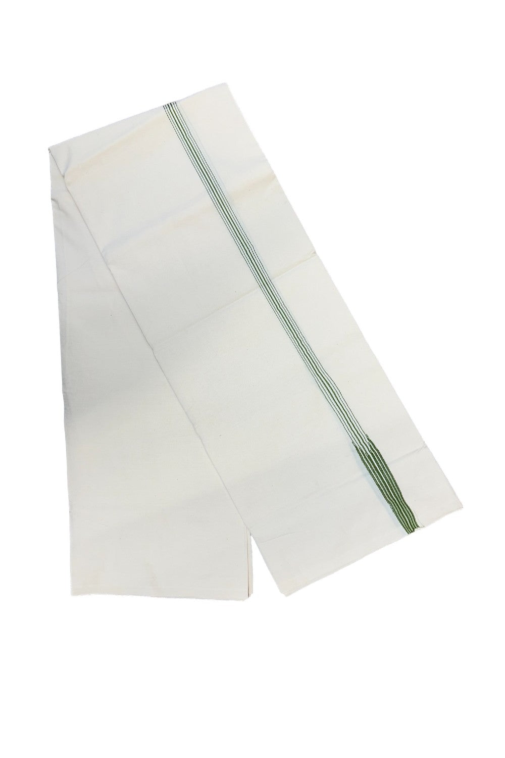 27% DISCOUNT ! KaithariKada Balaramapuram 100%  COTTON SINGLE OFF WHITE Mundu/Dhoti-100X100- 0.75 Inch 6 Line Puliyilakkara Green Chutty- 9KK414ASH