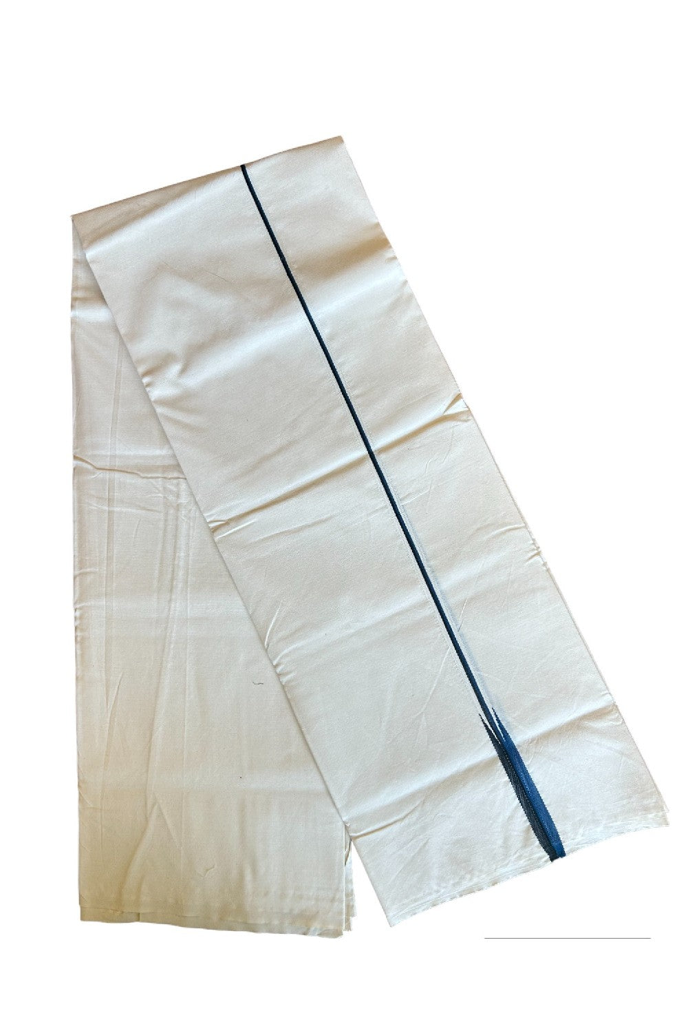 28% DISCOUNT ! KaithariKada Balaramapuram 100% COTTON SINGLE OFF WHITE Mundu/Dhoti-100X100-  0.5 Inch  Puliyilakkara Black & Yale Blue Chutty-  9KK429ASH