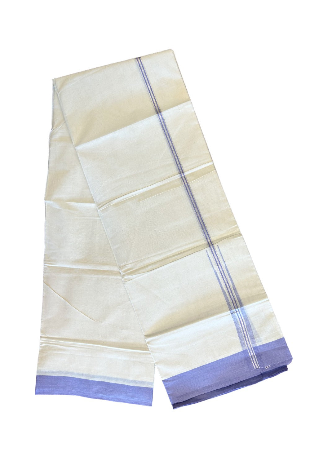 15% DISCOUNT ! KaithariKada Balaramapuram 100%  Cotton off white (Unbleached) Double  Mundu/Dhoti - 100X100  Puliyilakkara Silver kasavu Lavender striped chutty - 9KK447VIN