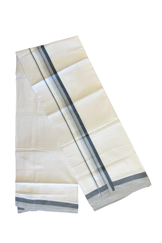 26% DISCOUNT!!! KaithariKada Balaramapuram 100% Cotton PURE white Double Mundu/Dhoti-100x90   2.25 Inch Ash Gray & Navy Blue shaded stripes kara  - 9KK448VIN