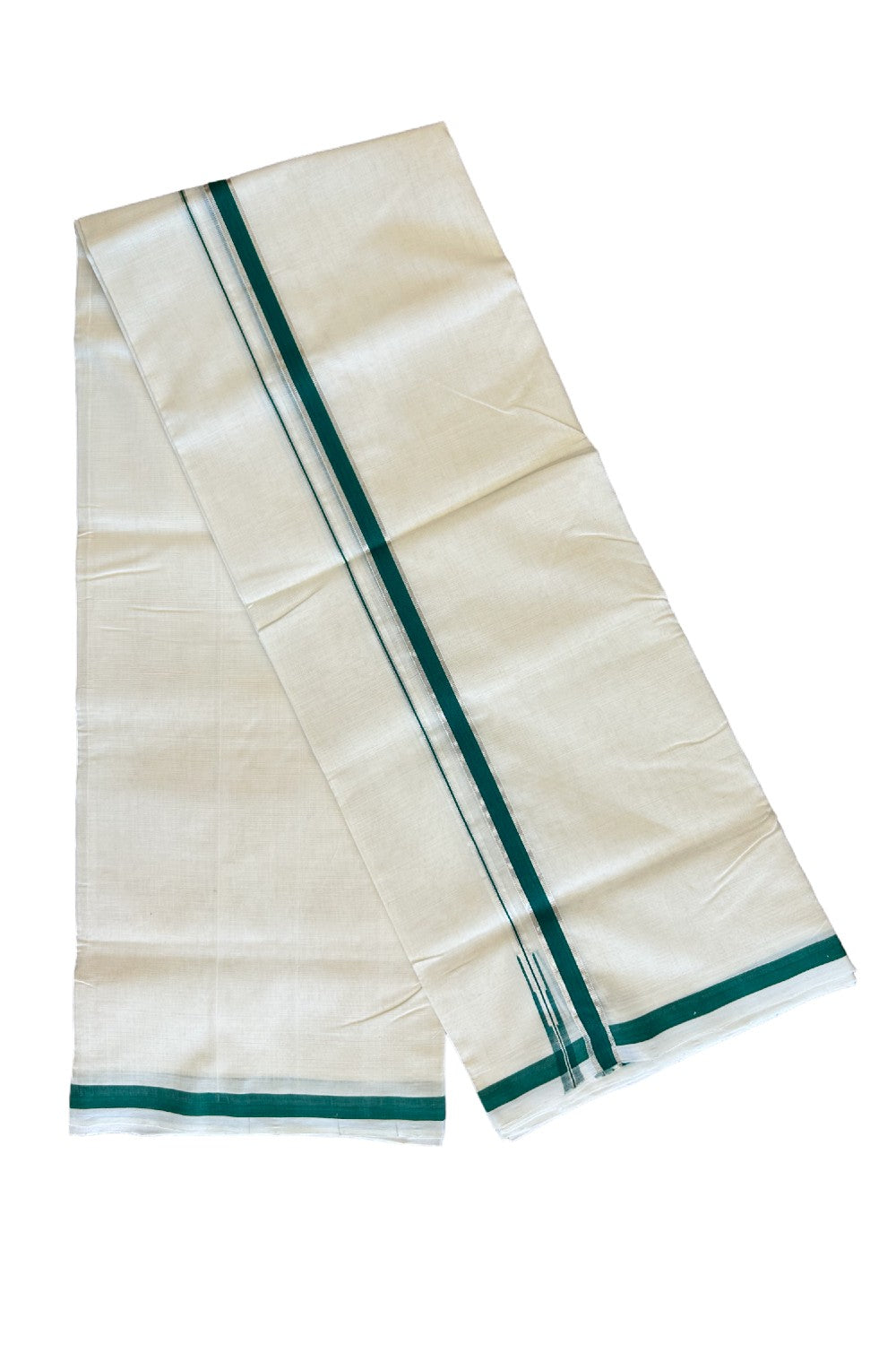 15% Discount!!! KaithariKada HANDLOOM UNAKKUPAAV Balaramapuram - 100% PURE Cotton off white (Unbleached) Double Mundu/Dhoti - 2 cm Silver kasavu & green puliyilakkara chutty - 9KK458SOM