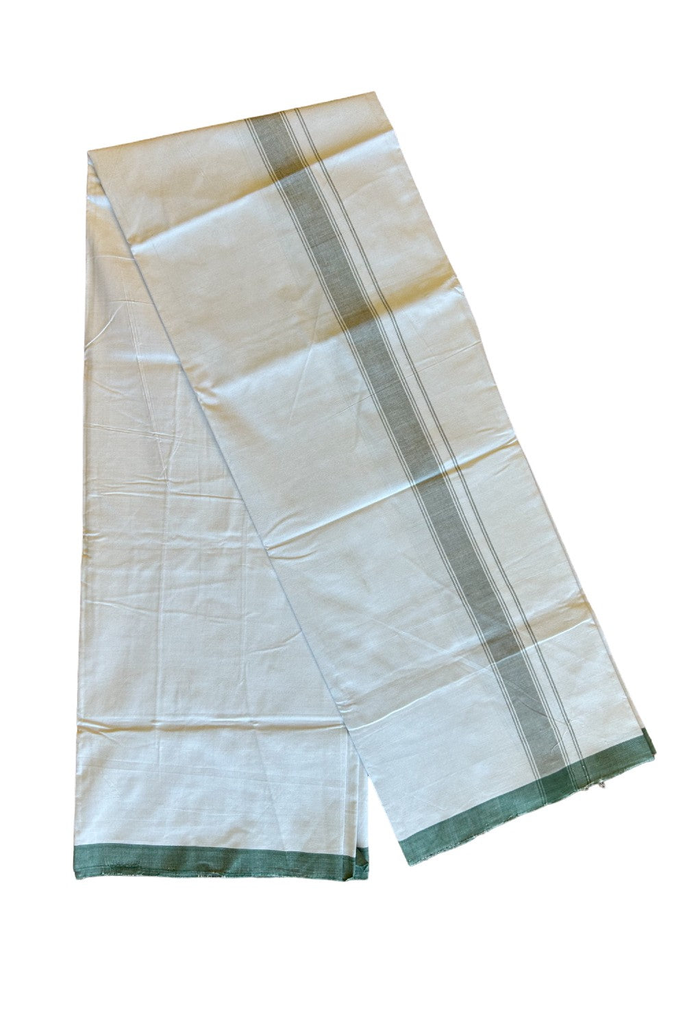 Ultimate HANDLOOM-19% Discount! - Kaitharikada Kalamachal-Government Sealed HALLMARKED-100% PURE COTTON! (80x80) Twisted Thread- Light WHITE SINGLE Mundu / Dhoti - 2inch Light Green Striped Kara - 9KK478KAL