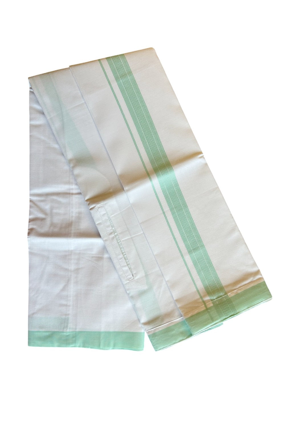 KaithariKada Balaramapuram  COTTON SINGLE PURE WHITE VELCRO Mundu/Dhoti  - 1.5inch Pista Green kara - 9KK485SRI